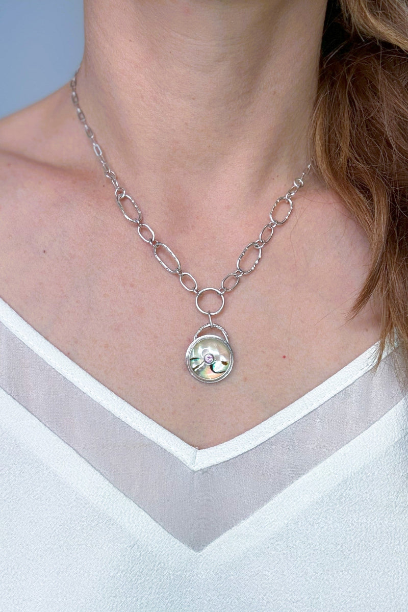 Handcrafted Pink Sapphire and Abalone Sterling Silver Statement Necklace with Handmade Links
