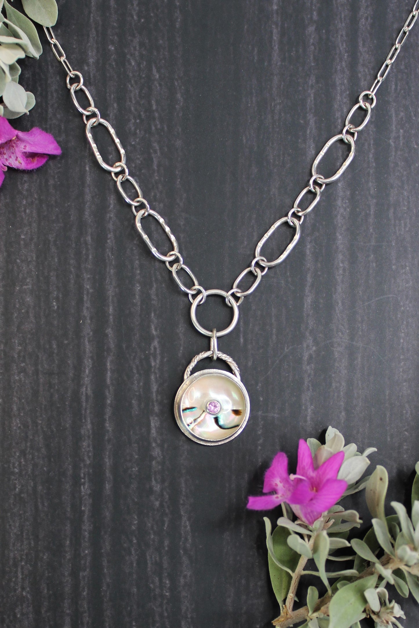 Handcrafted Pink Sapphire and Abalone Sterling Silver Statement Necklace with Handmade Links