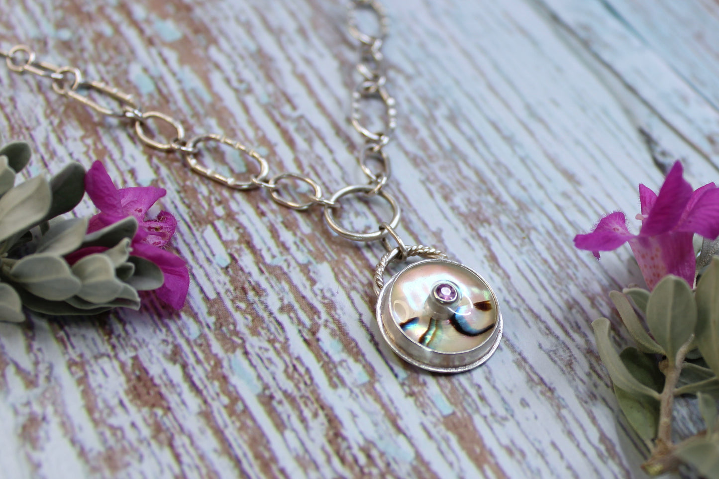 Handcrafted Pink Sapphire and Abalone Sterling Silver Statement Necklace with Handmade Links
