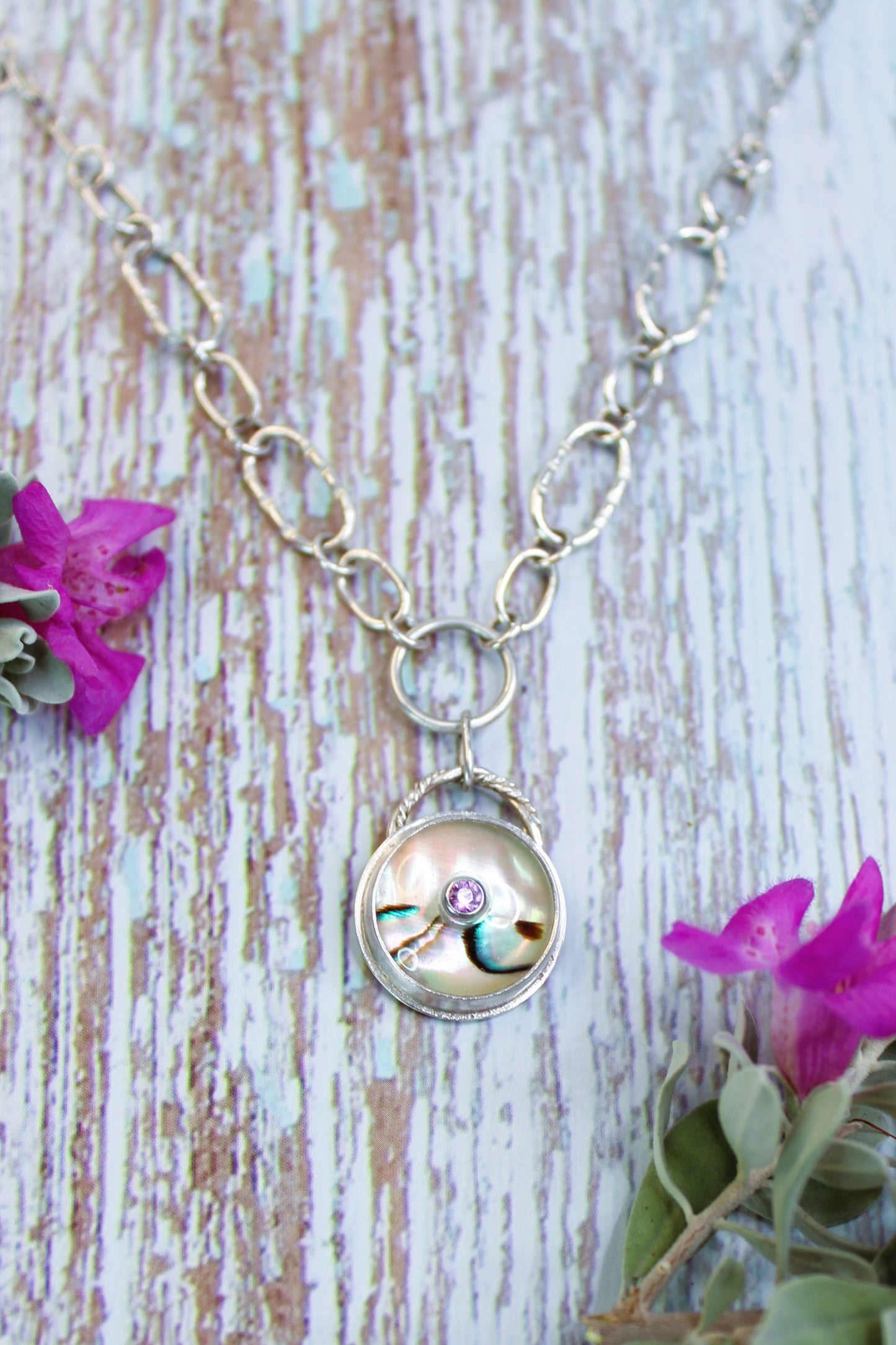 Handcrafted Pink Sapphire and Abalone Sterling Silver Statement Necklace with Handmade Links