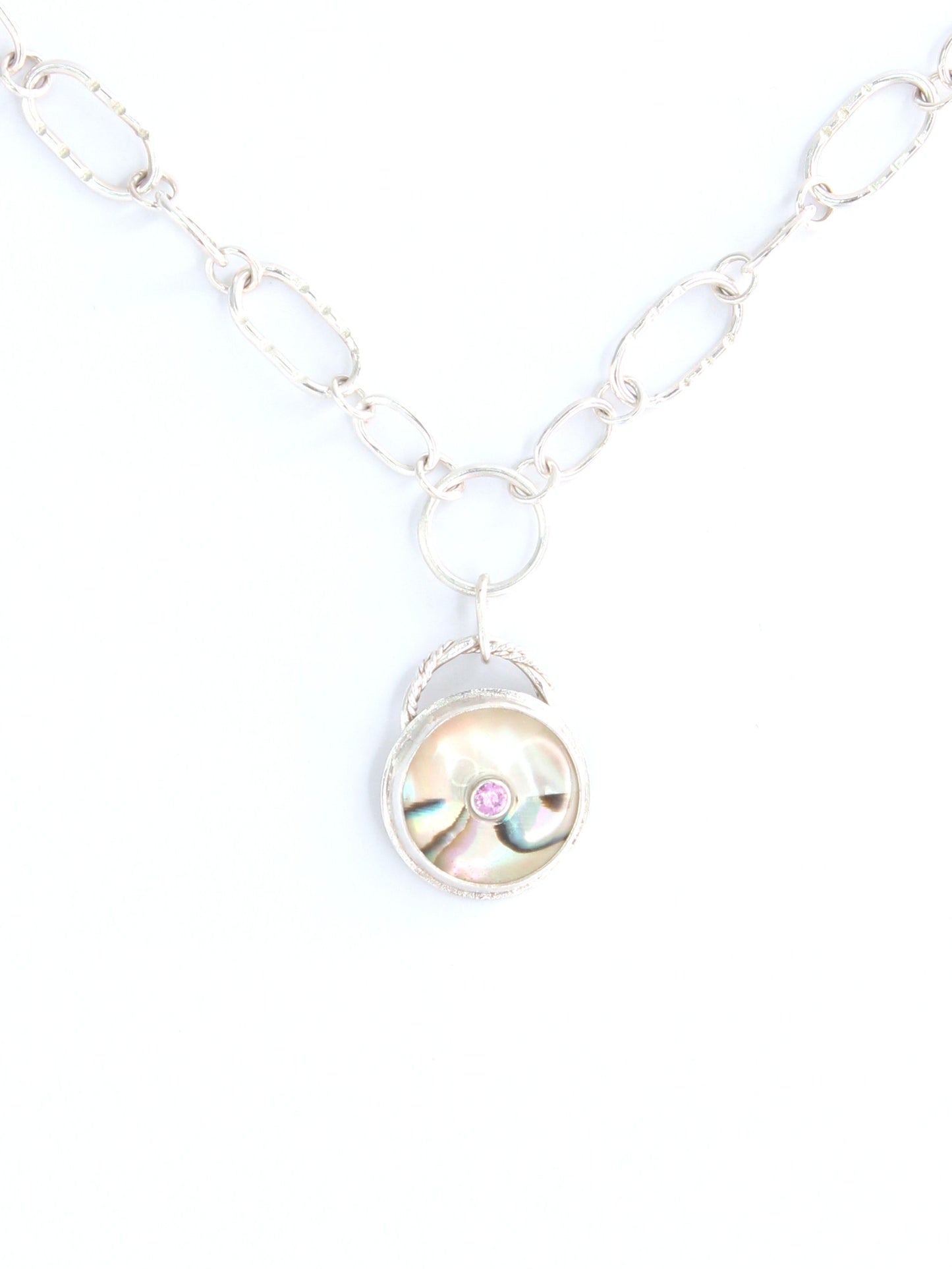 Handcrafted Pink Sapphire and Abalone Sterling Silver Statement Necklace with Handmade Links