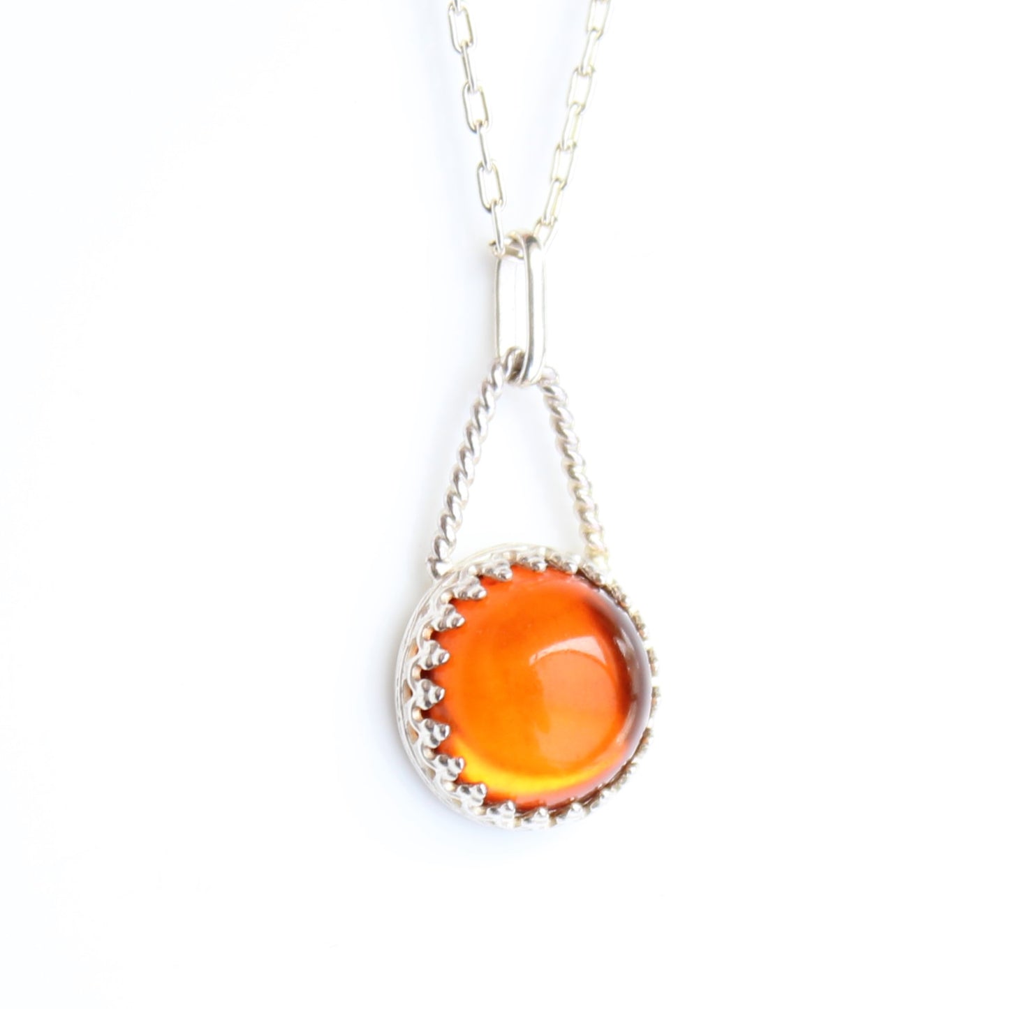 Amber Clear Orange Gemstone Sterling Silver Pendant Necklace set in Patterned Bezel. Handmade by Cara Carter Jewelry