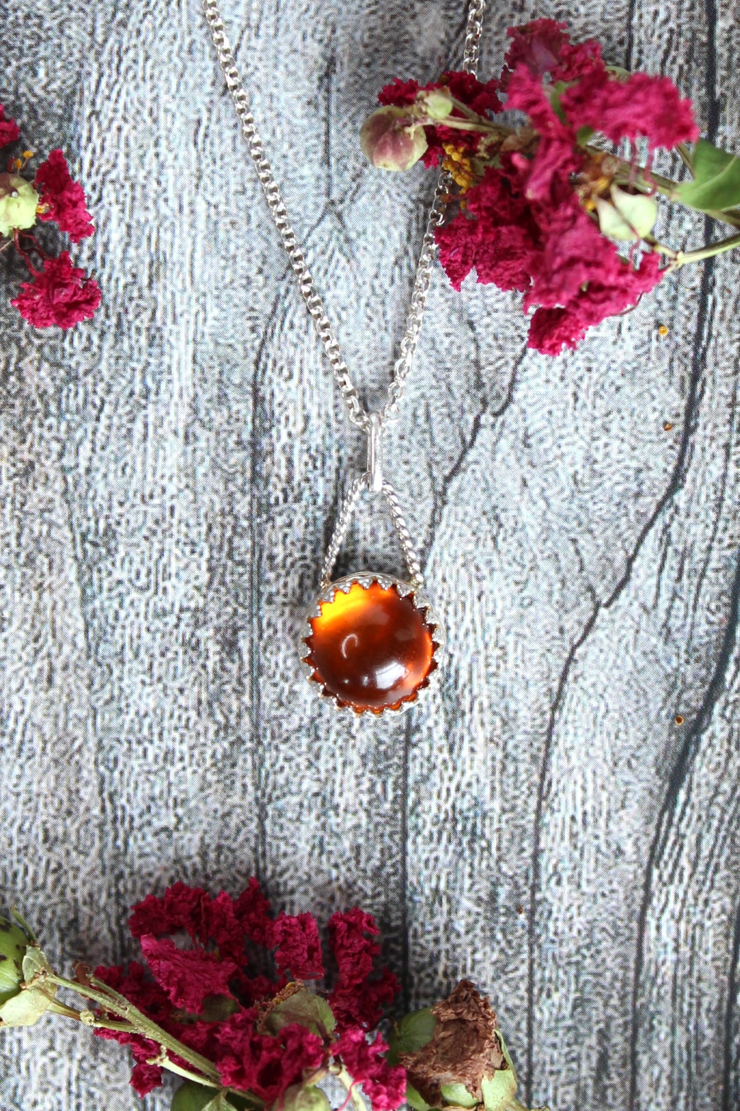 Amber Clear Orange Gemstone Sterling Silver Pendant Necklace set in Patterned Bezel. Handmade by Cara Carter Jewelry