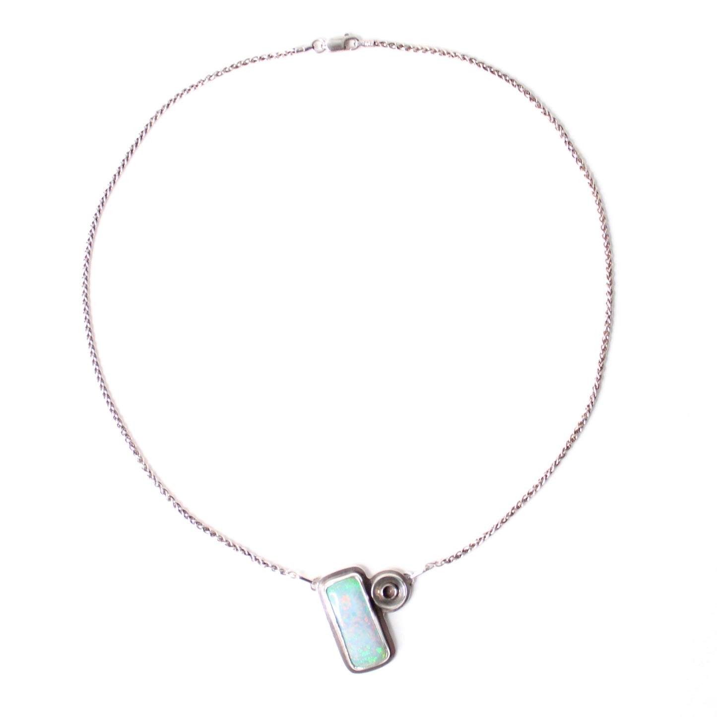Lab-Created Atlantis Opal Pastel Gemstone set in a Sterling Silver Architectural Geometric Design. Handmade by Cara Carter Jewelry