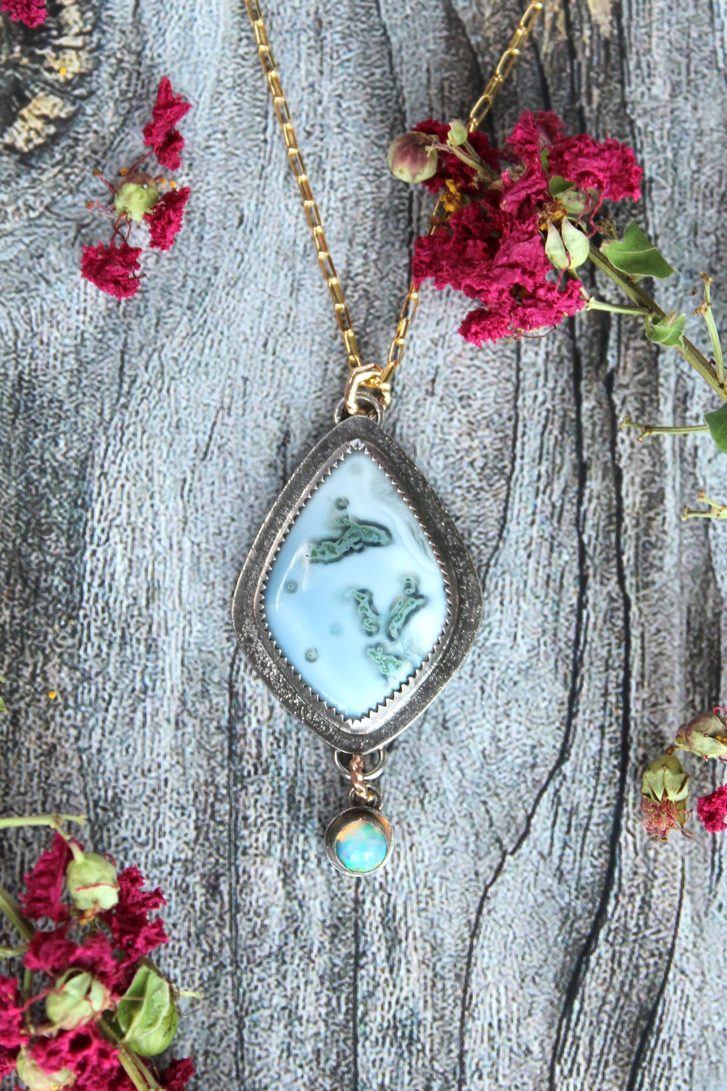 Australian Blue Opal and Faceted White Opal set in Sterling Silver and 14k gold-filled with 14k gold-filled necklace. One of a Kind and Handmade by Cara Carter Jewelry