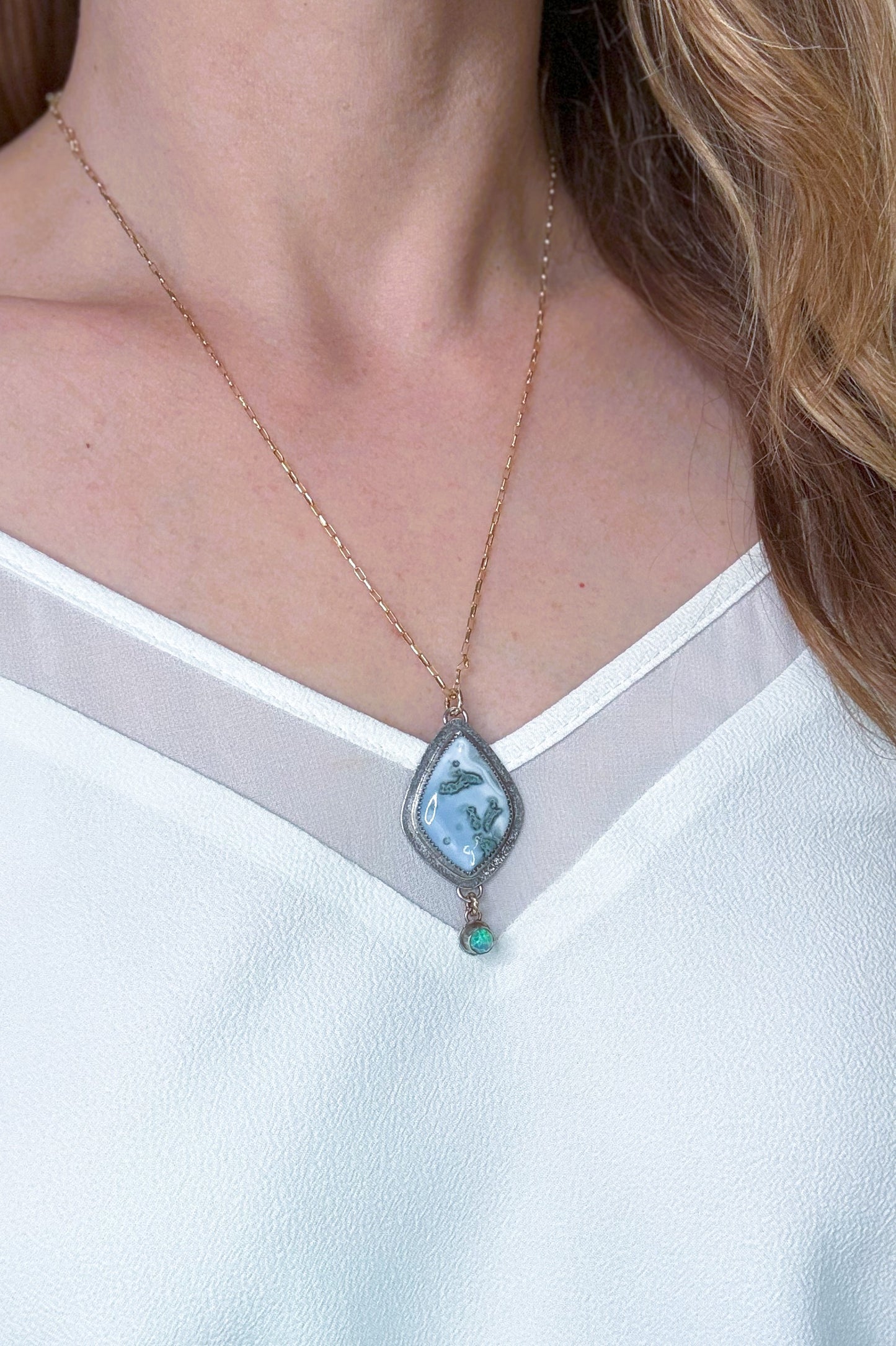 Australian Blue Opal and White Opal Sterling Silver Necklace