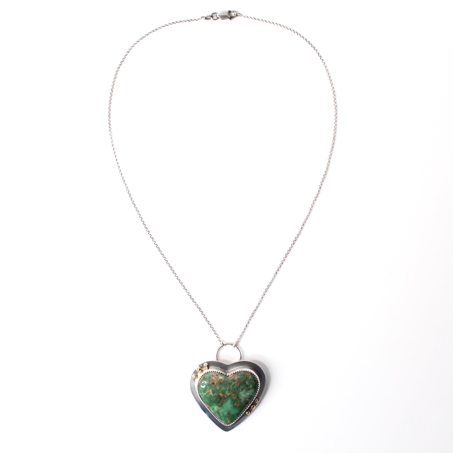 Handmade Australian Variscite Green Heart Shaped Gemstone 16" Necklace in Sterling Silver and 18k Gold.