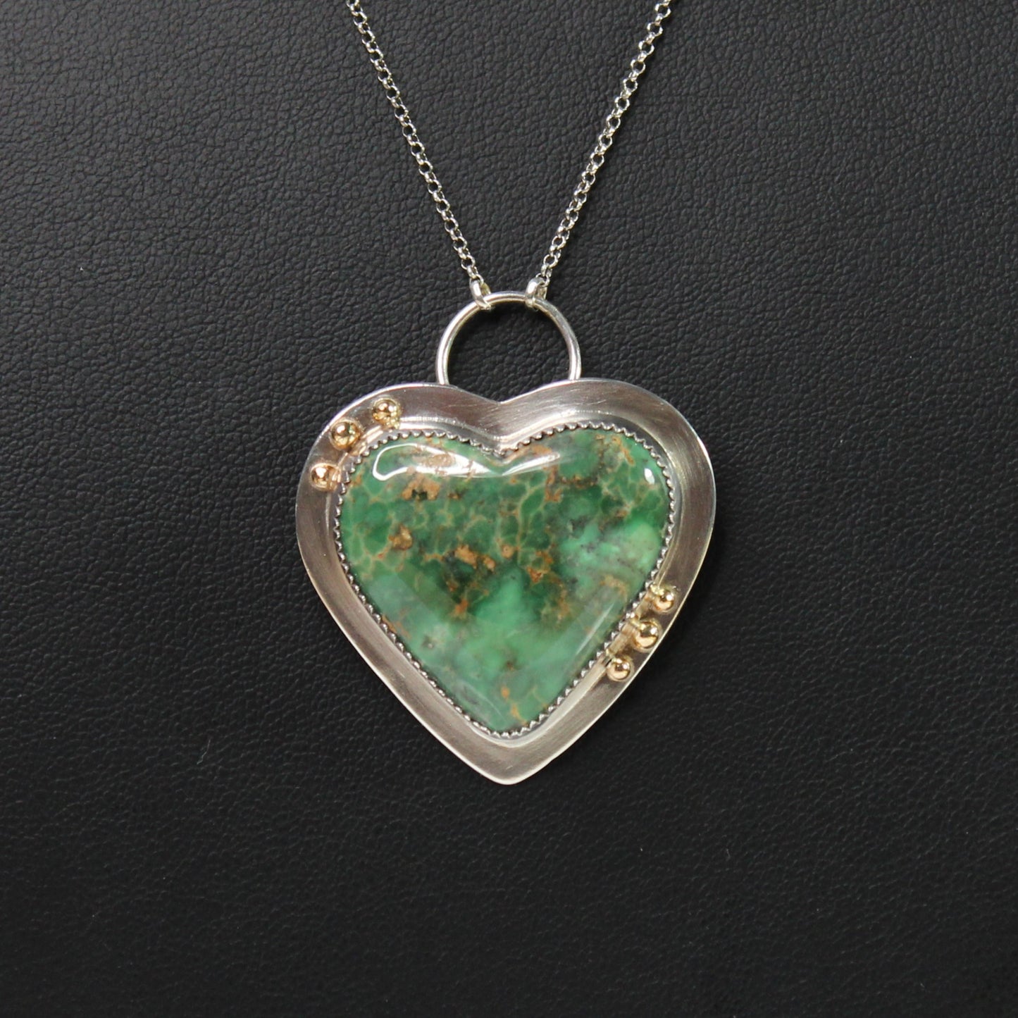Handmade Australian Variscite Green Heart Shaped Gemstone 16" Necklace in Sterling Silver and 18k Gold.