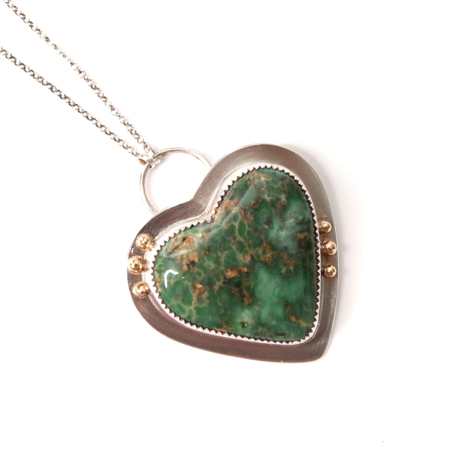 Handmade Australian Variscite Green Heart Shaped Gemstone 16" Necklace in Sterling Silver and 18k Gold.
