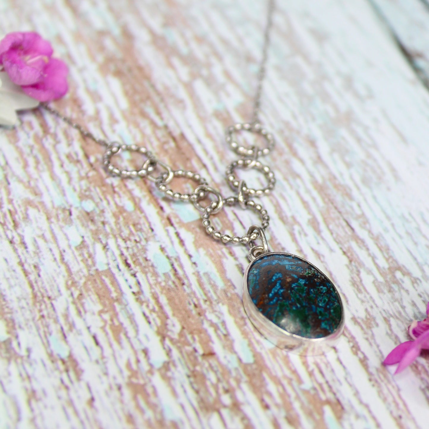 Azurite Malachite Beaded Circle Sterling Silver Necklace