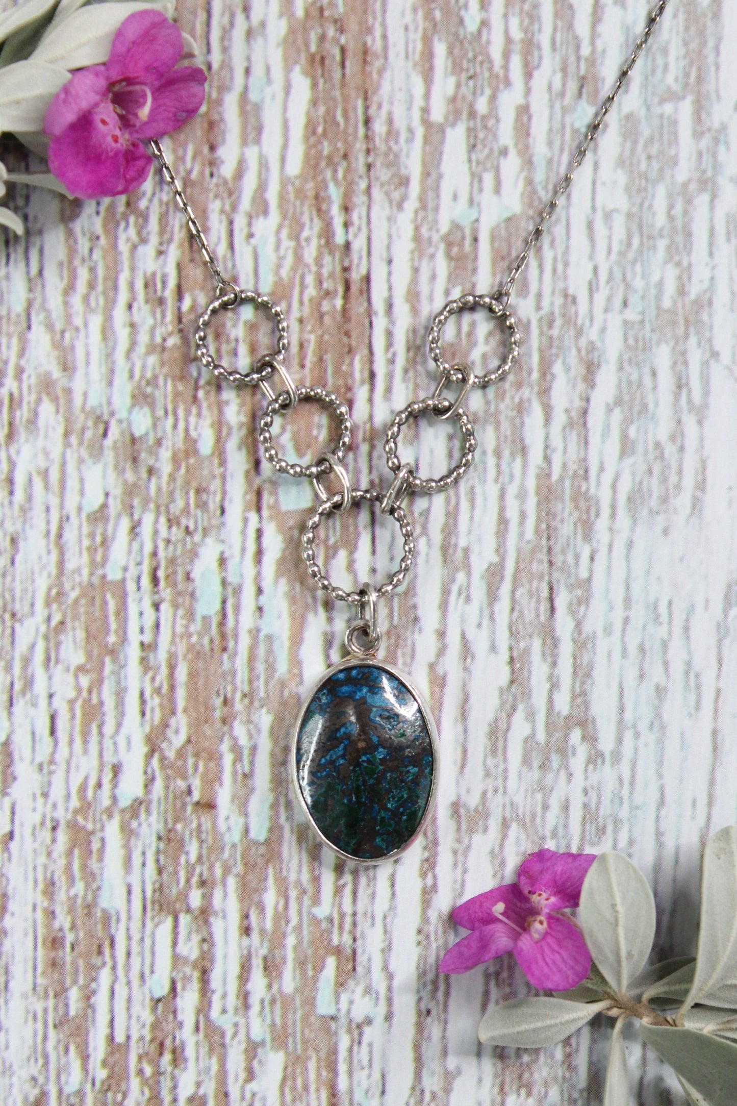 Azurite Malachite Beaded Circle Sterling Silver Necklace