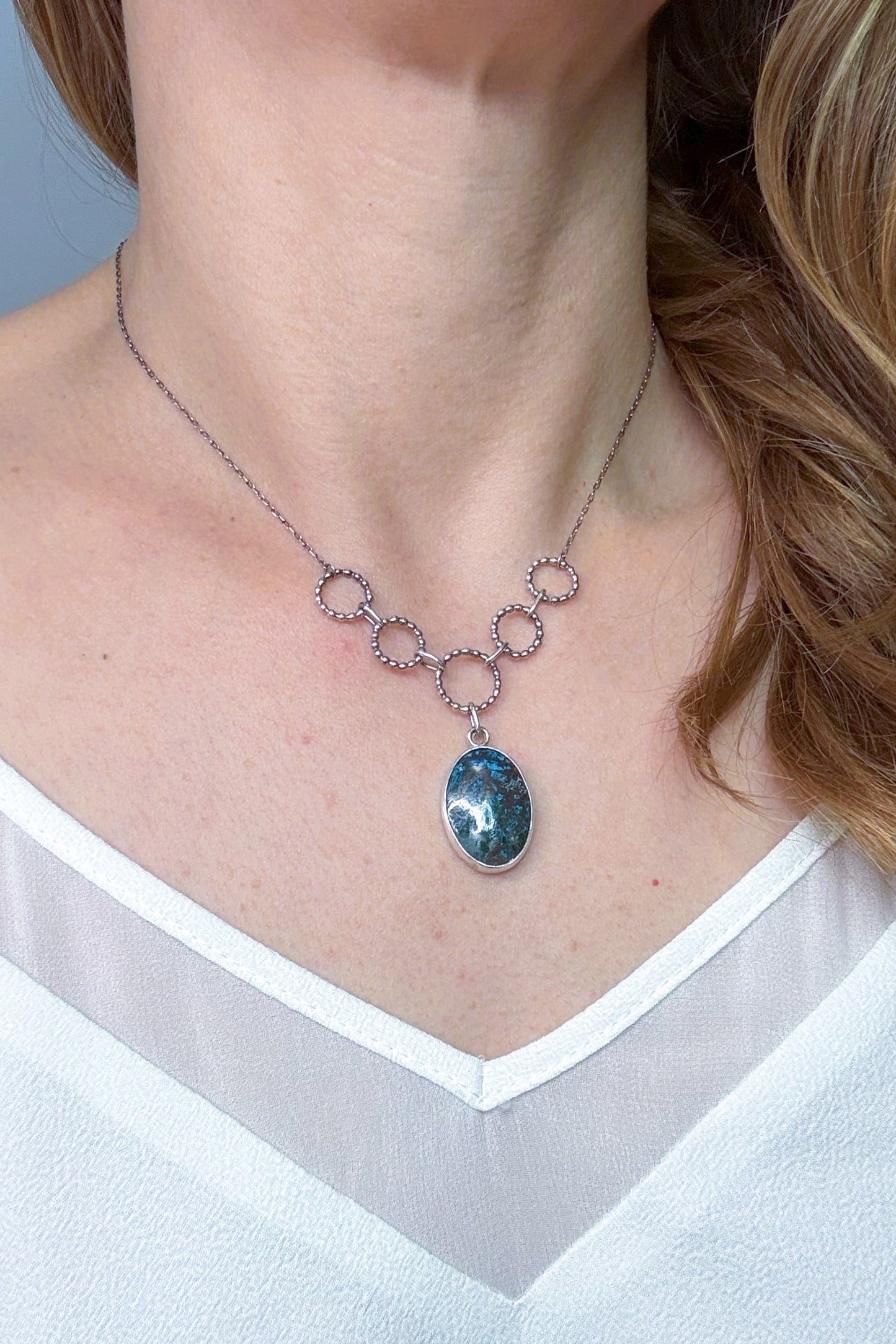 Azurite Malachite Beaded Circle Sterling Silver Necklace