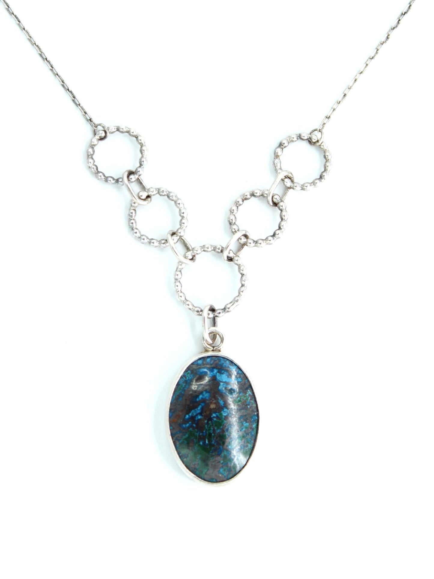 Azurite Malachite Beaded Circle Sterling Silver Necklace