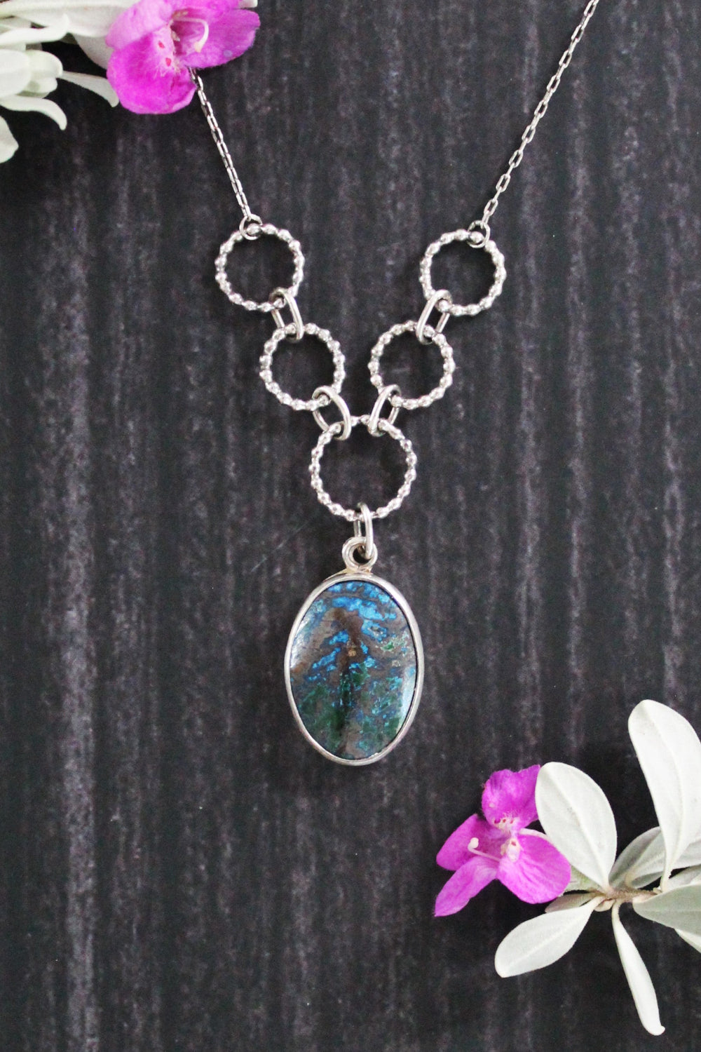 Azurite and Malachite, Blue and Green Gemstone, Handcrafted Sterling Silver Necklace with Beaded Circle Accents
