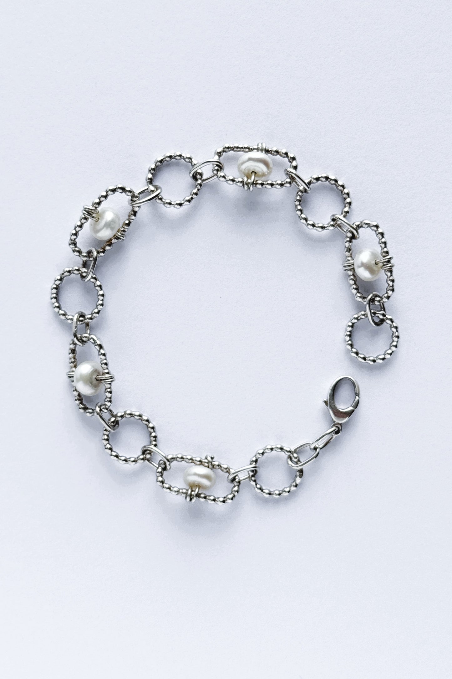 Beaded Oval and Circle Links with Pearls | Sterling Silver Bracelet