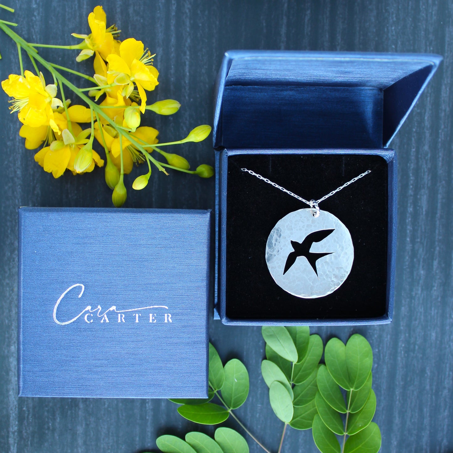 Bird in Flight Silhouette Hand-Pierced and Hammered Sterling Silver Circle Pendant Necklace in Gift Box