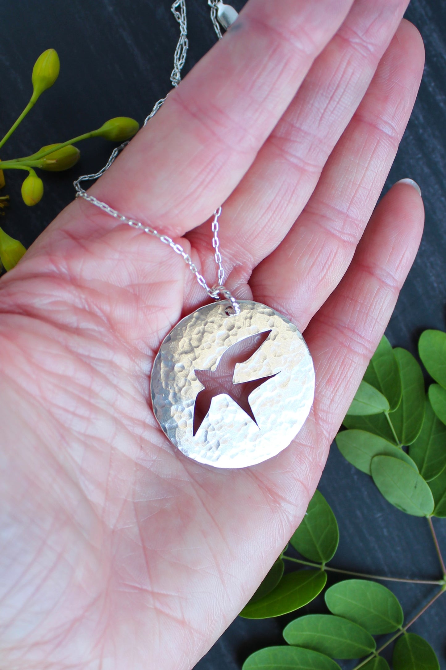 Bird in Flight Silhouette Hand-Pierced and Hammered Sterling Silver Circle Pendant Necklace