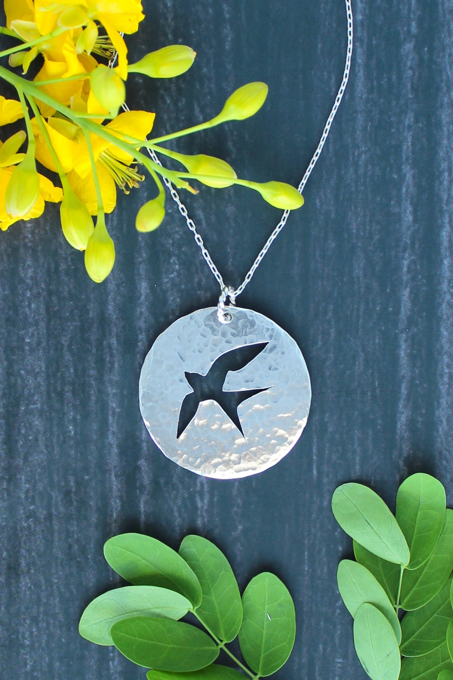 Bird in Flight Silhouette Hand-Pierced and Hammered Sterling Silver Circle Pendant Necklace