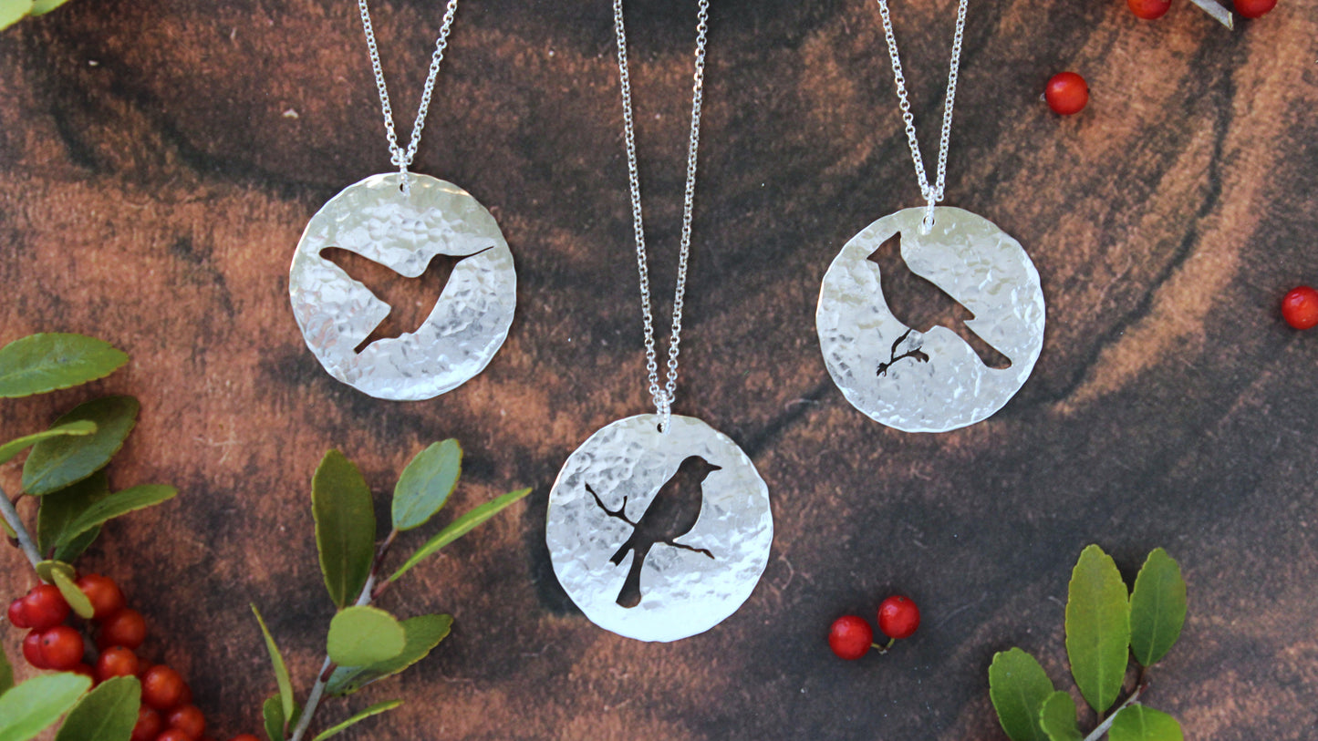 Hummingbird Silhouette Hand Pierced and Hammered Sterling Silver Circle Pendant Necklace for Nature and Bird Lovers