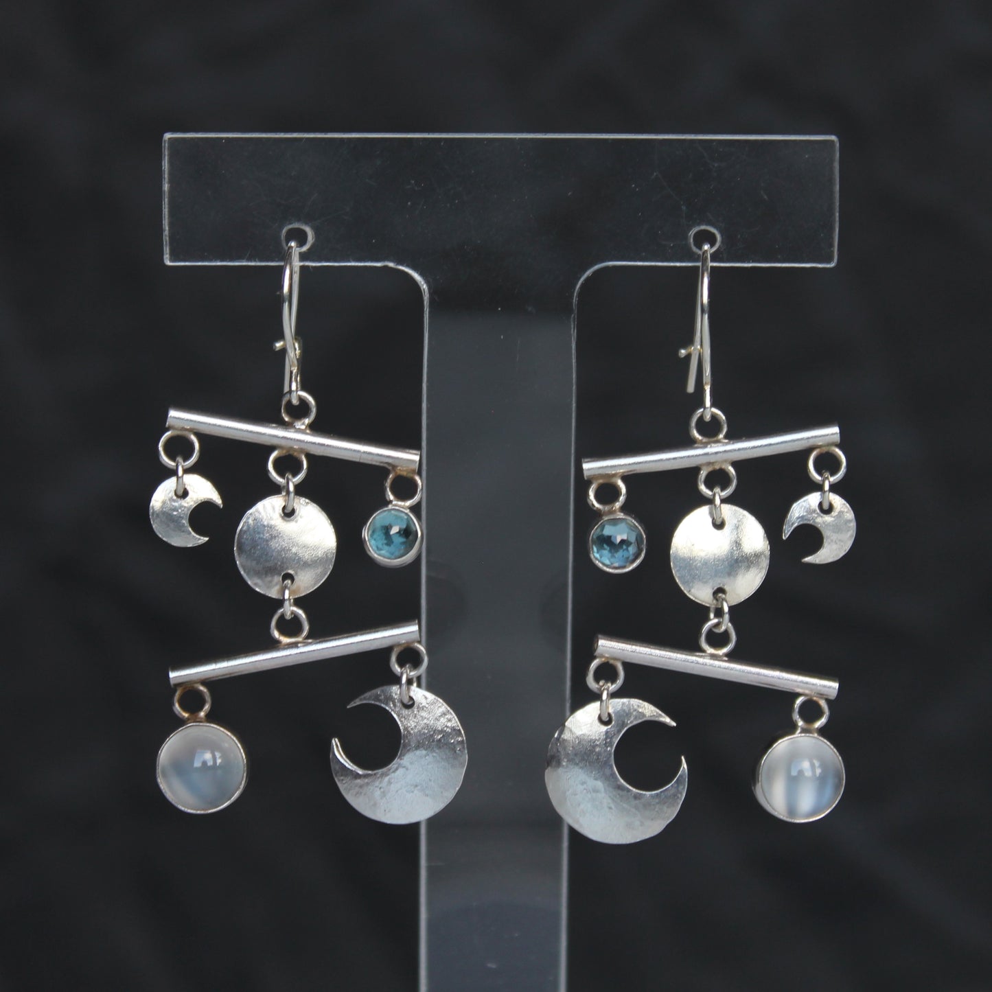Blue Topaz and Moonstone Sterling Silver Chandelier Earrings with Kidney Ear Wires. One of a Kind and Handmade by Cara Carter Jewelry