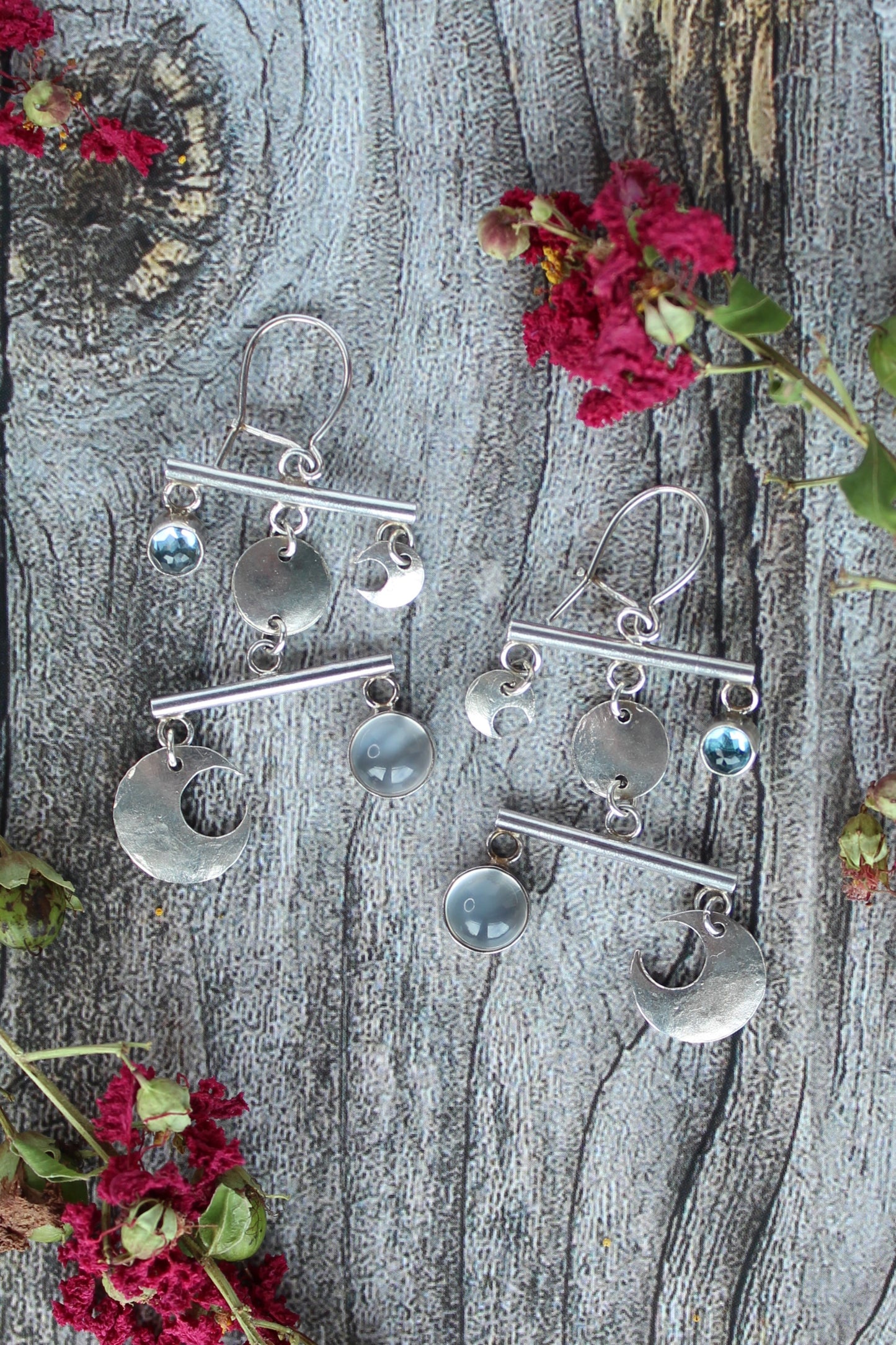 Blue Topaz and Moonstone Sterling Silver Chandelier Earrings with Kidney Ear Wires. One of a Kind and Handmade by Cara Carter Jewelry