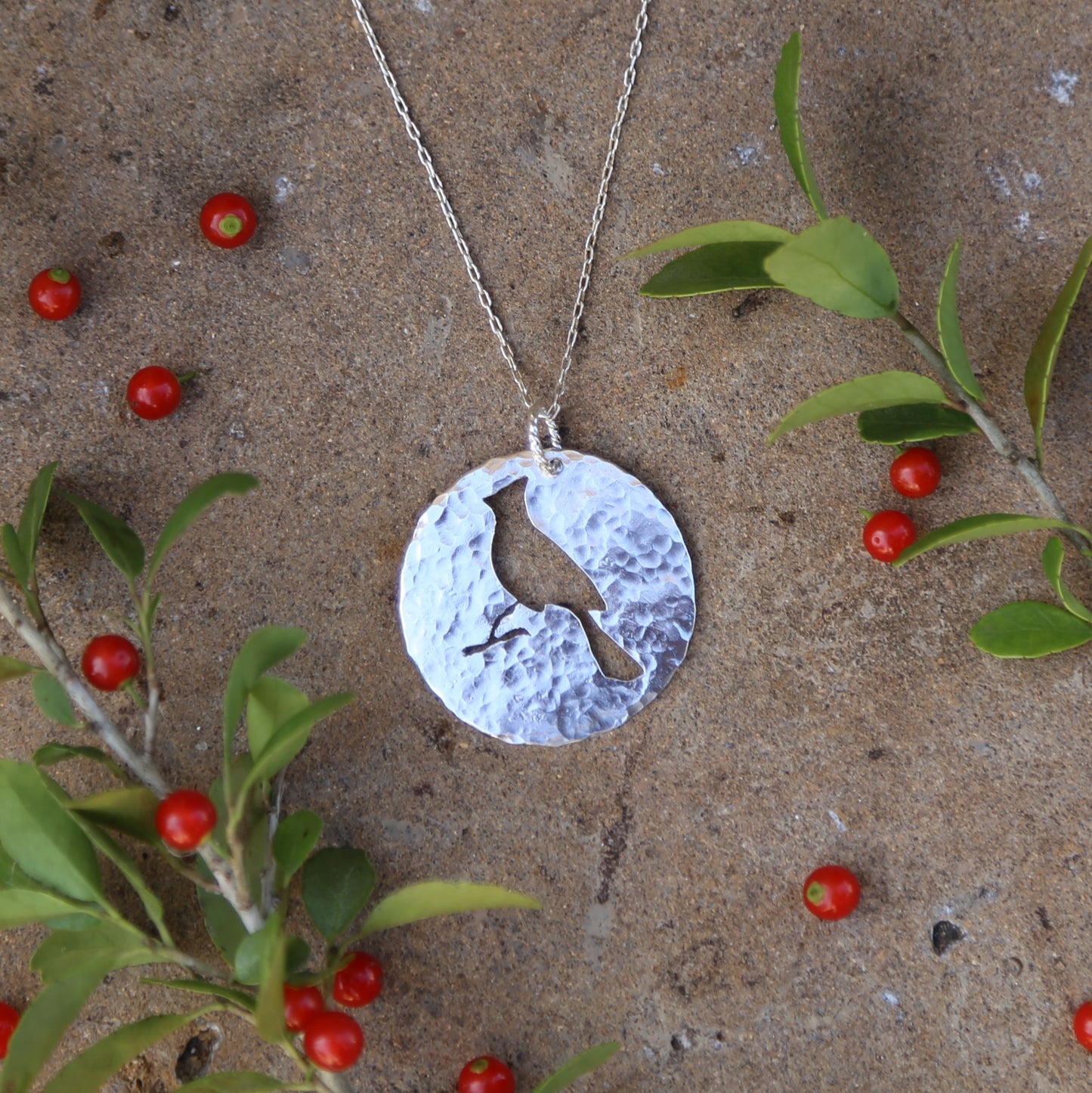 Cardinal Silhouette Hand-pierced and Hammered Circle Sterling Silver Pendant Necklace for Bird Lovers, Nature Lovers, or as a Symbol of Remembrance