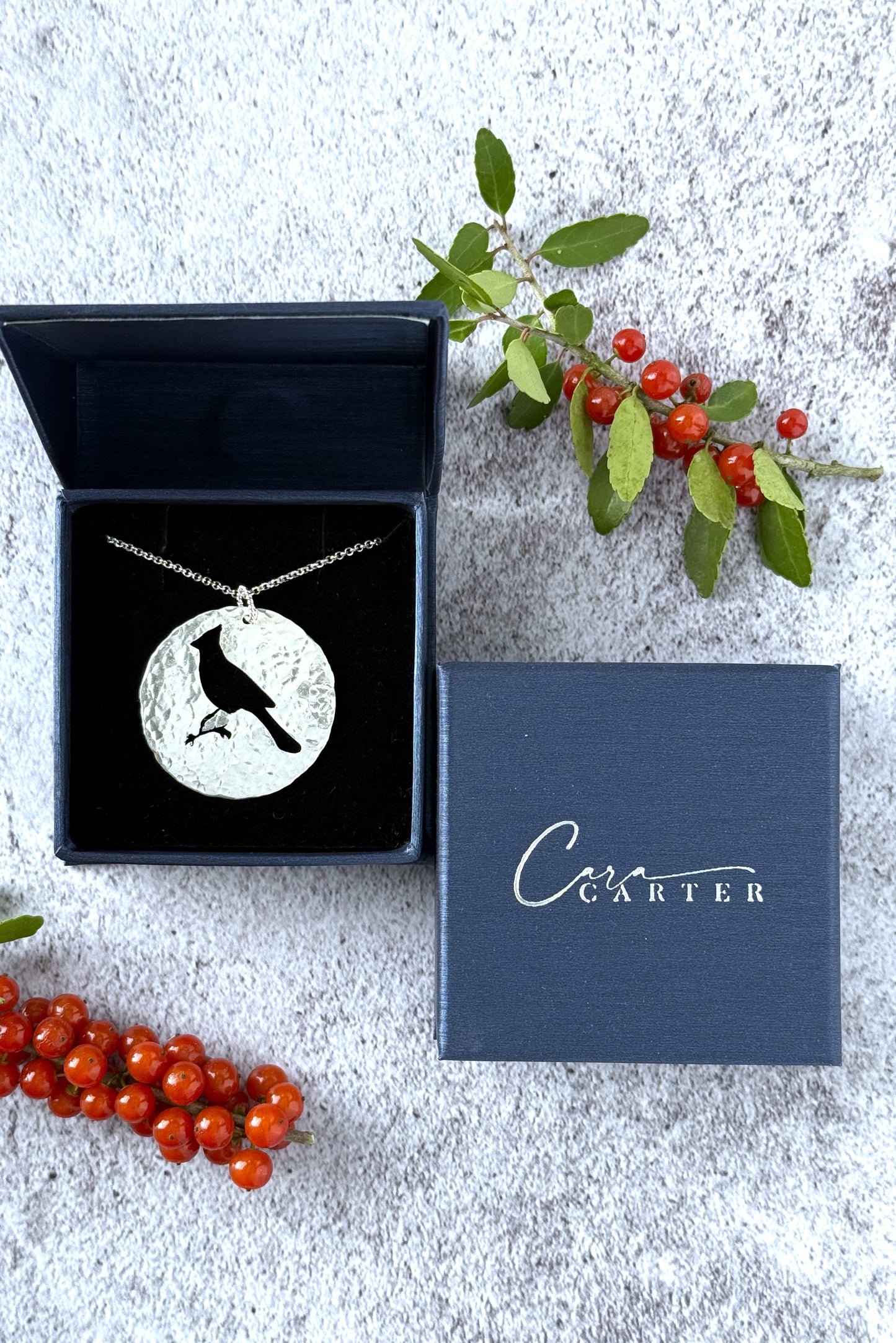 Cardinal Silhouette | Hand-Pierced Sterling Silver Circle Pendant Necklace