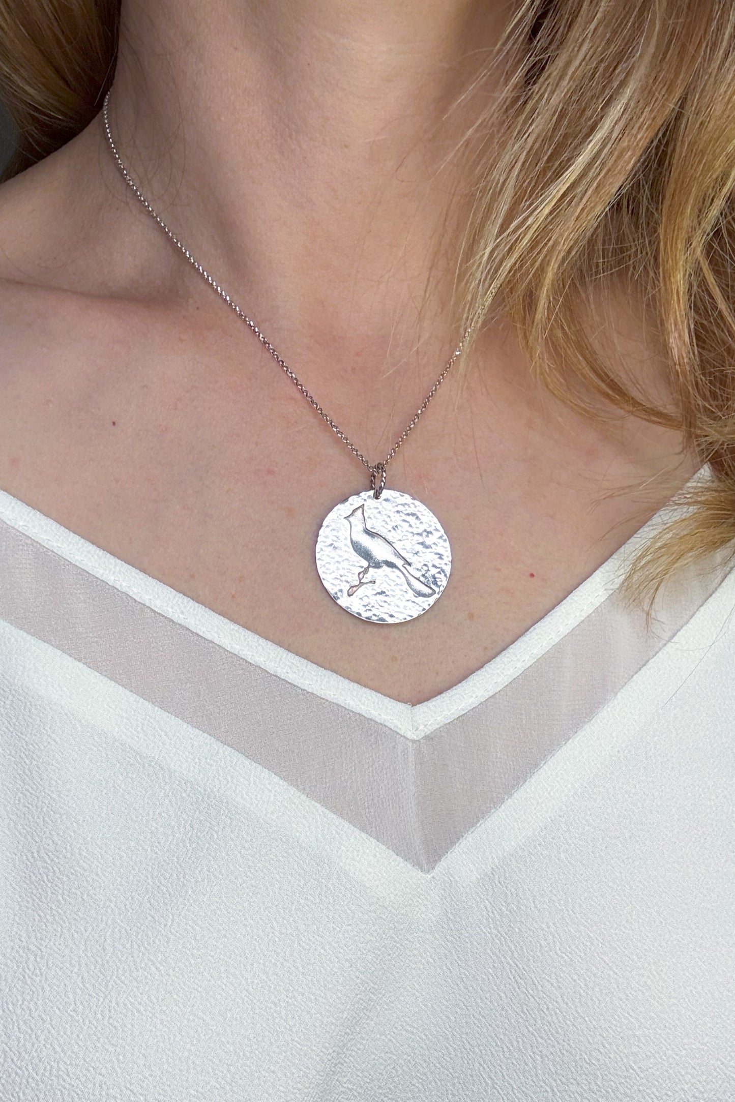 Cardinal Bird Solid Silhouette | Hand-Pierced Sterling Silver Circle Pendant Necklace