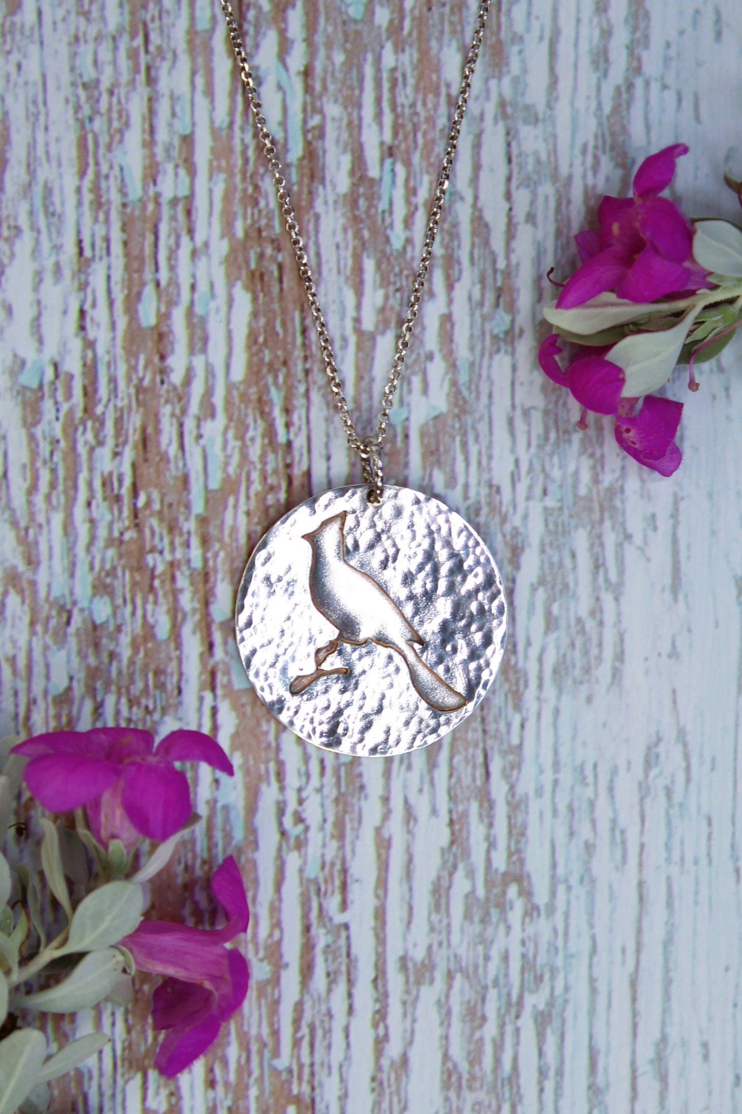Cardinal Bird Solid Silhouette | Hand-Pierced Sterling Silver Circle Pendant Necklace