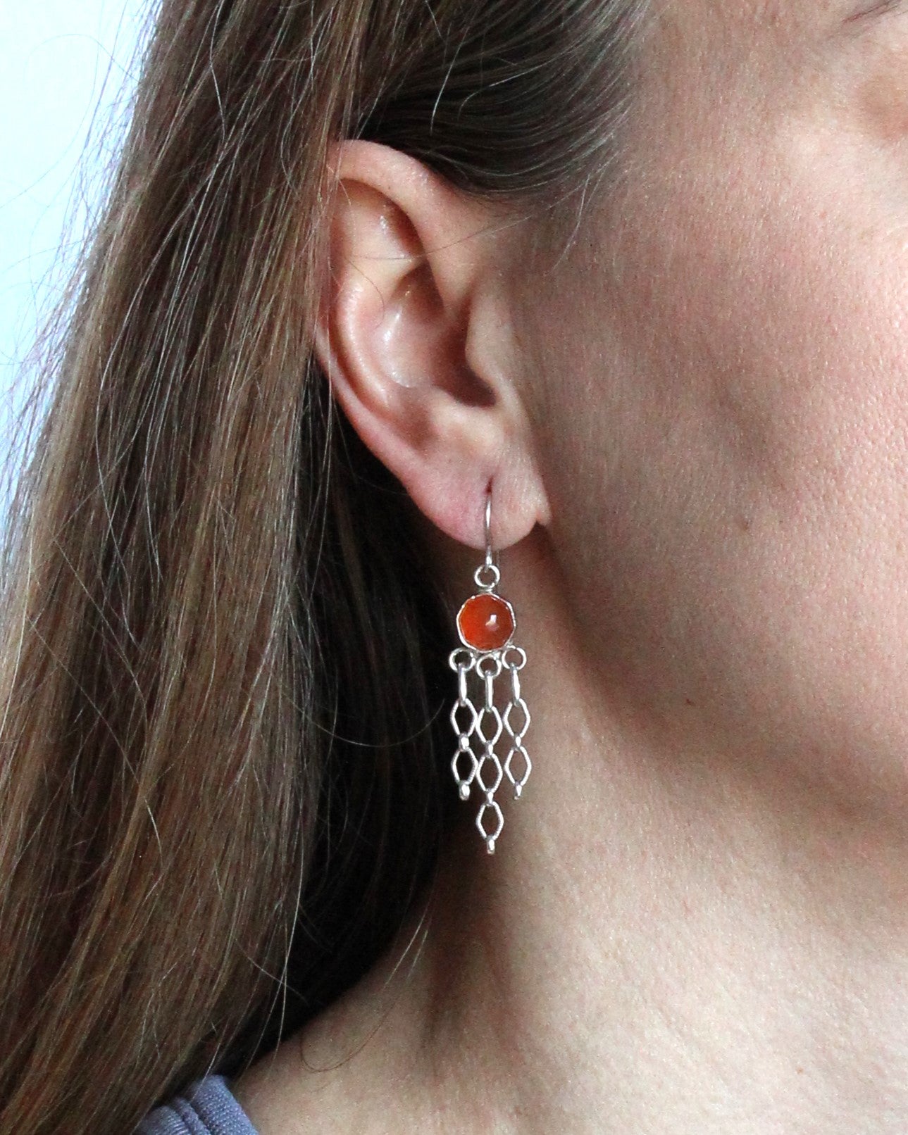 Carnelian Orange Gemstones Sterling Silver Dangle Chain Earrings. One of a kind and handmade by Cara Carter Jewelry