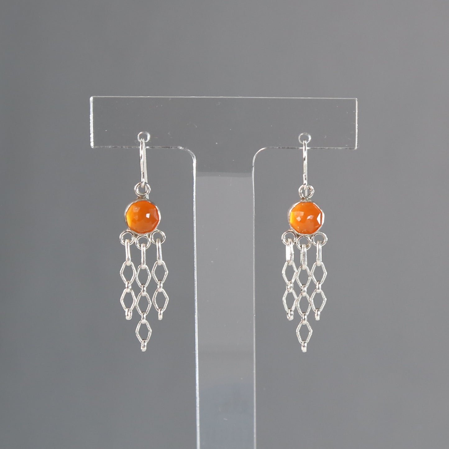 Carnelian Orange Gemstones Sterling Silver Dangle Chain Earrings. One of a kind and handmade by Cara Carter Jewelry