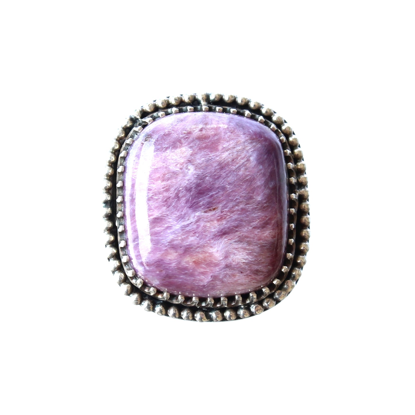 Purple Charoite Gemstone Ring set in Oxidized Sterling Silver with a Smooth Band and Beaded Details. Handmade by Cara Carter Jewelry