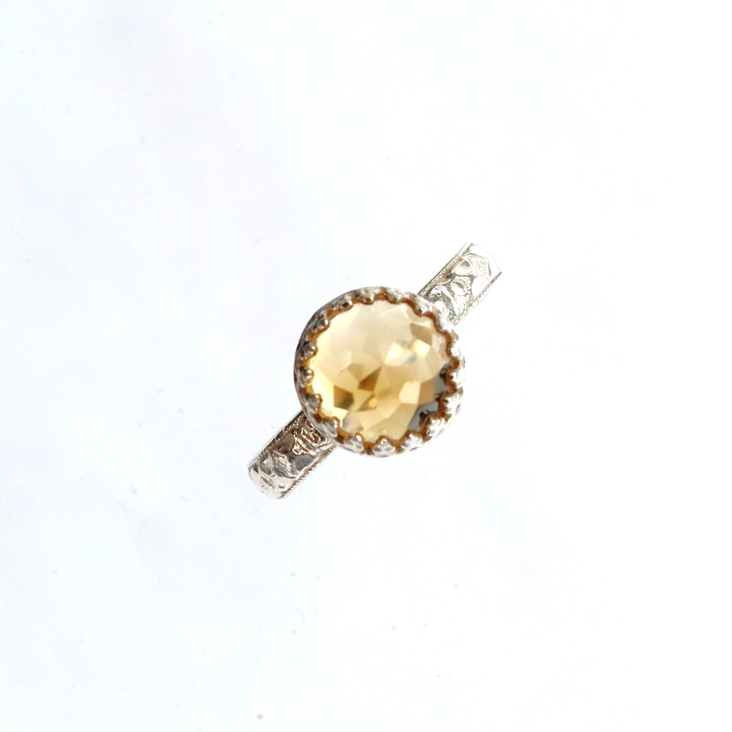 Citrine Yellow Faceted Gemstone Sterling Silver Ring with Patterned Bezel and Band. Handmade by Cara Carter Jewelry