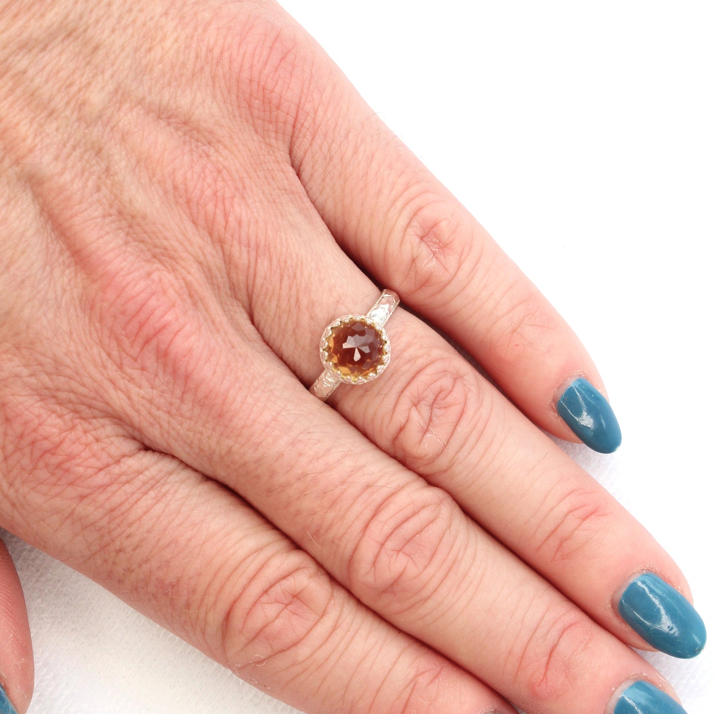Citrine Yellow Faceted Gemstone Sterling Silver Ring with Patterned Bezel and Band. Handmade by Cara Carter Jewelry
