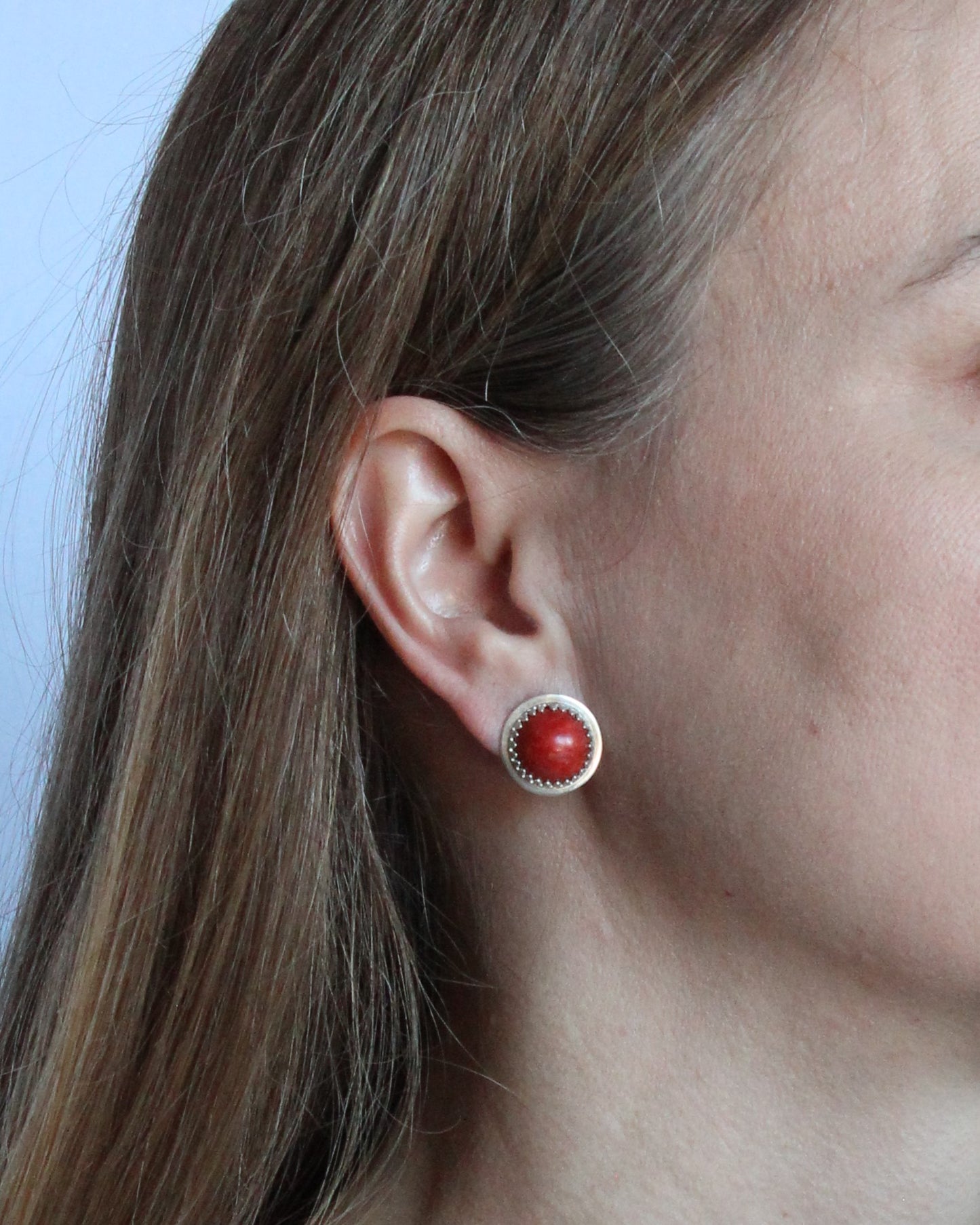 Red Sponge Coral Round Gemstone Sterling Silver Post Earrings. One of a Kind and Handmade by Cara Carter Jewelry