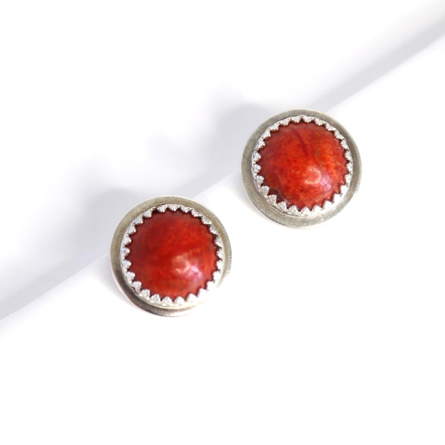 Red Sponge Coral Round Gemstone Sterling Silver Post Earrings. One of a Kind and Handmade by Cara Carter Jewelry