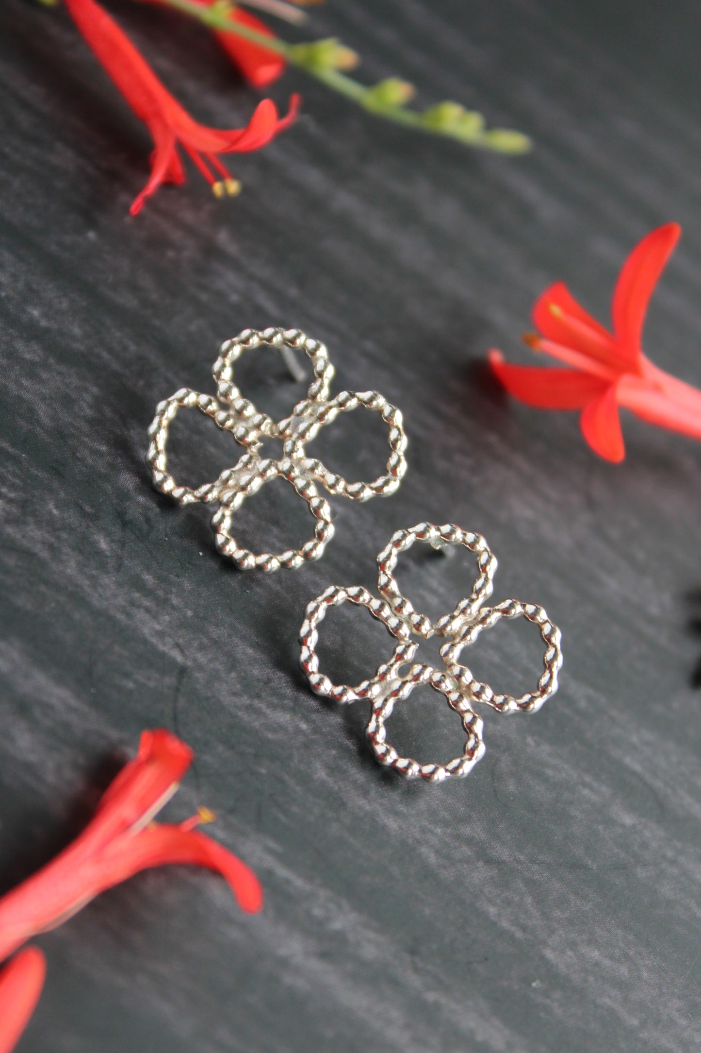Handmade Four Leaf Clover Beaded Stud Post Earrings by Cara Carter Jewelry