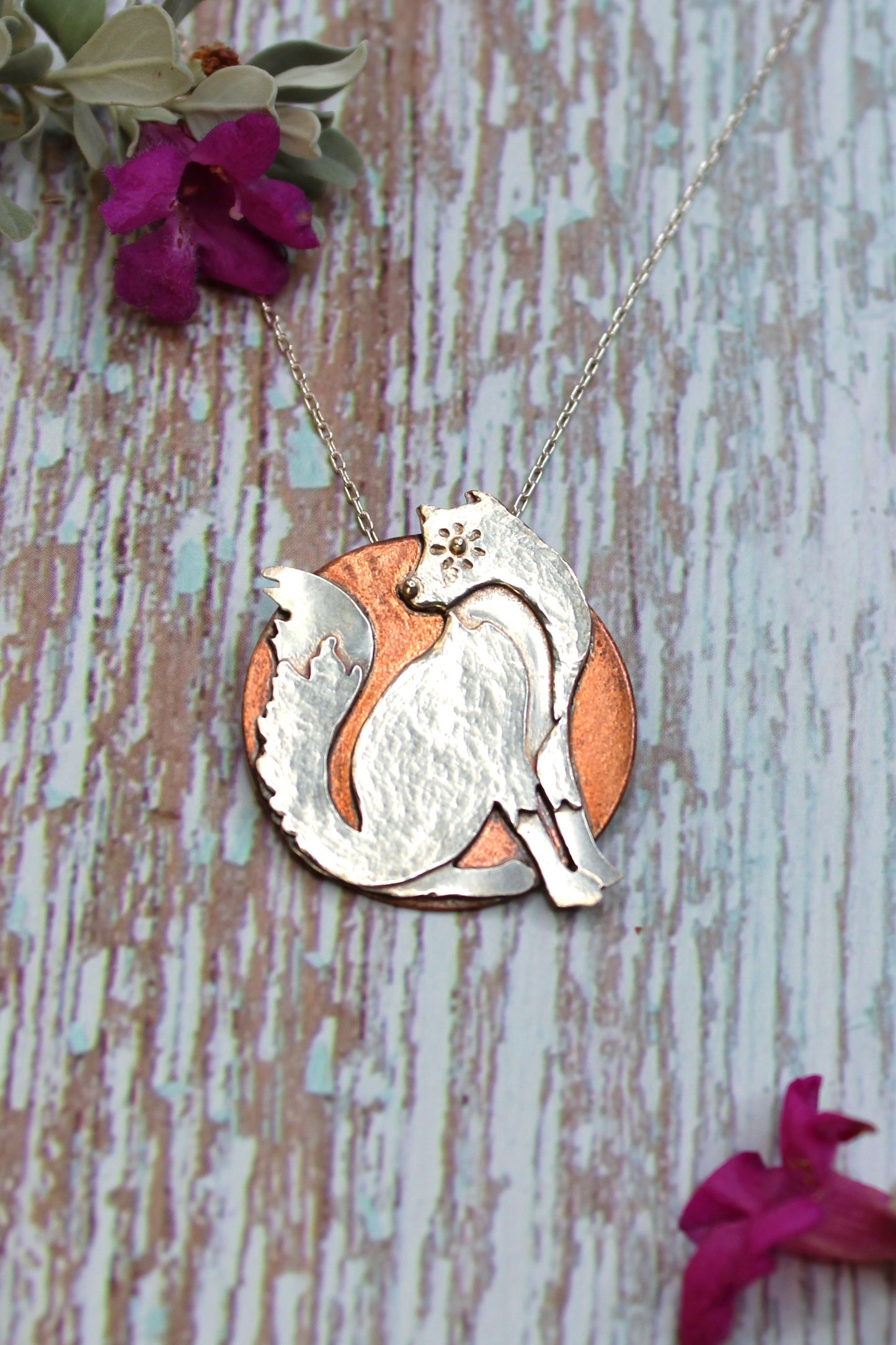 Fox and the Moon | Hand-Pierced Sterling Silver and Copper Pendant Necklace