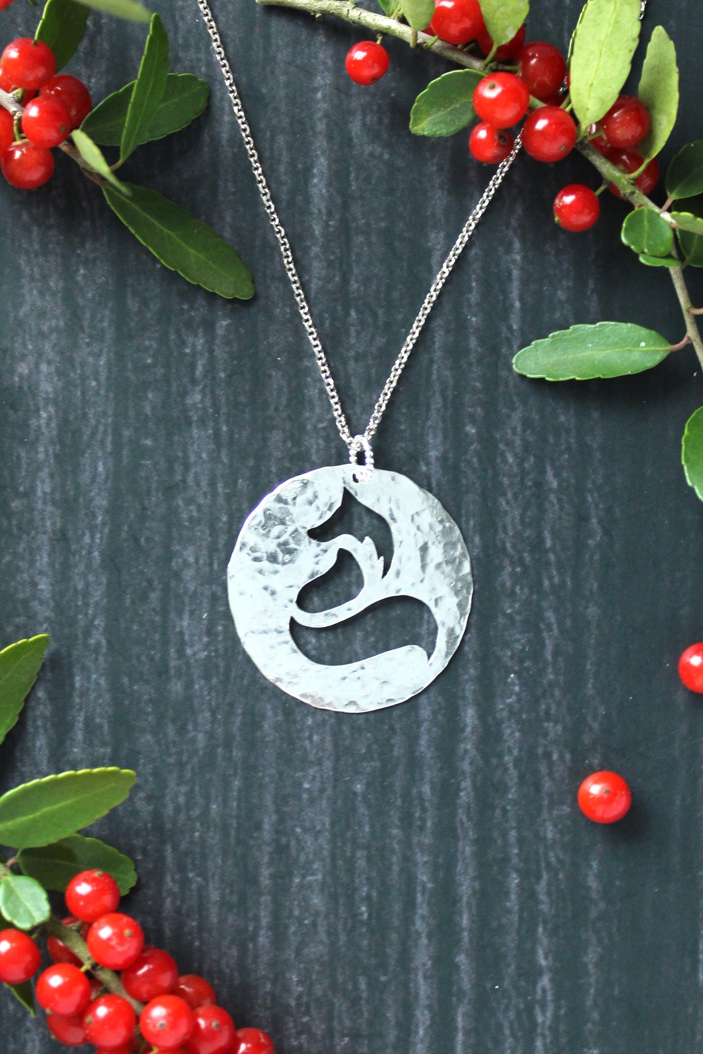 Fox Silhouette | Hand-Pierced Sterling Silver Circle Pendant Necklace
