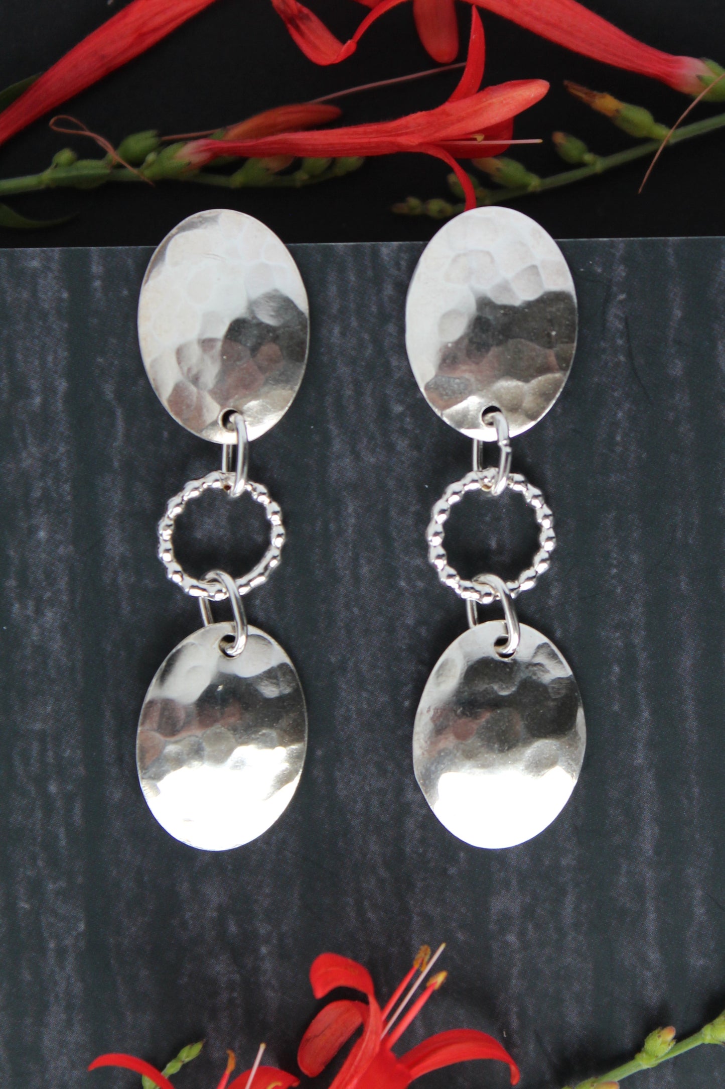 Hammered Shield and Beaded Circle Sterling Silver Dangle Everyday Post Earrings. Handmade by Cara Carter Jewelry