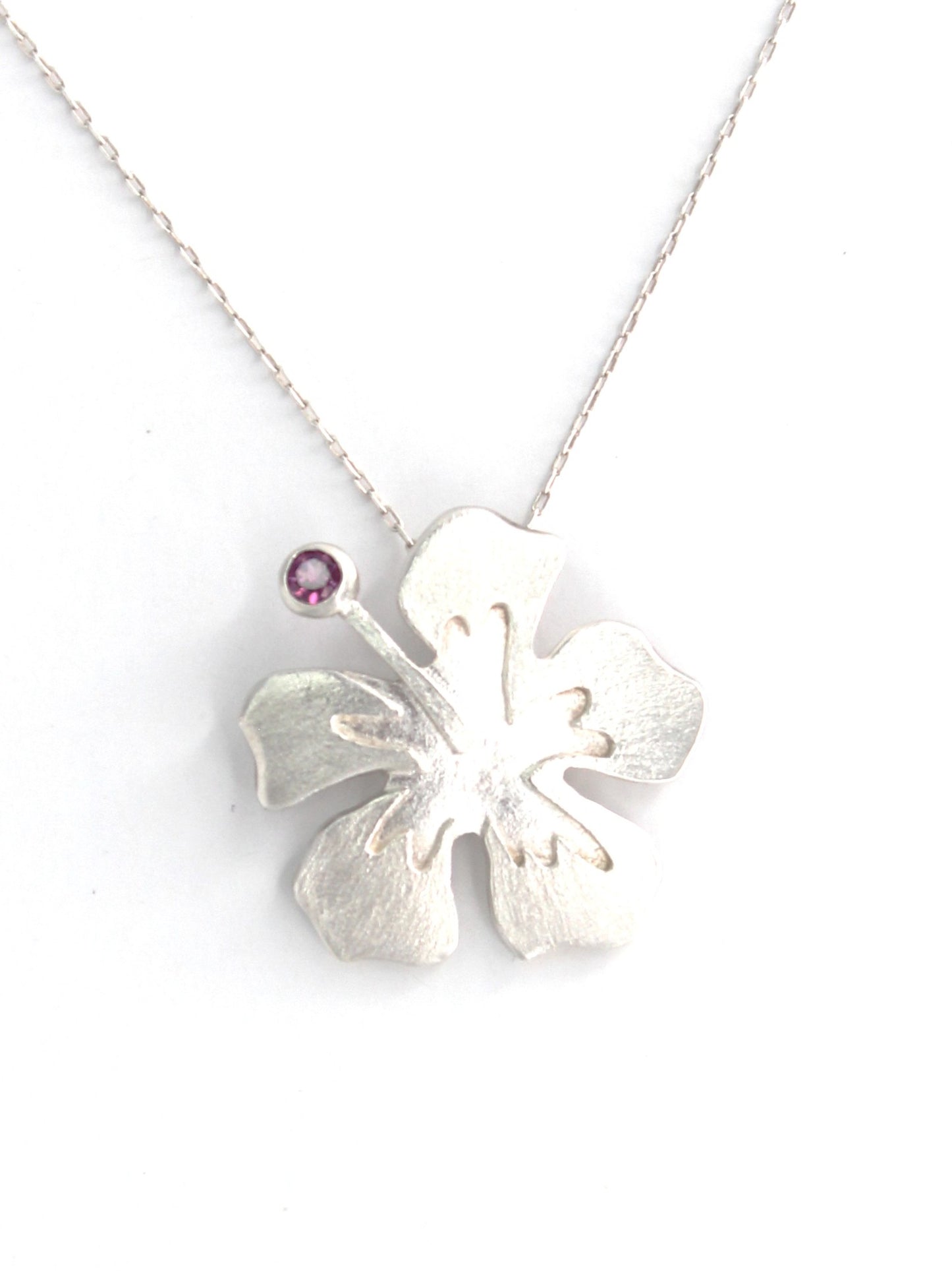 Hibiscus Flower Hand-Pierced Sterling Silver Necklace with Tourmaline