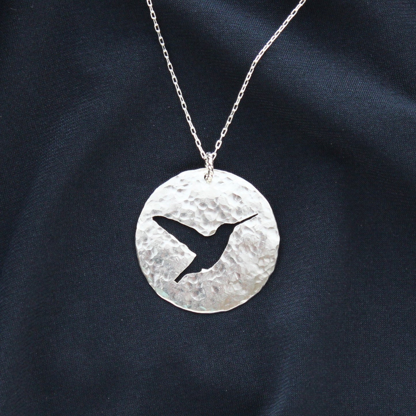 Hummingbird Silhouette Hand Pierced and Hammered Sterling Silver Circle Pendant Necklace for Nature and Bird Lovers