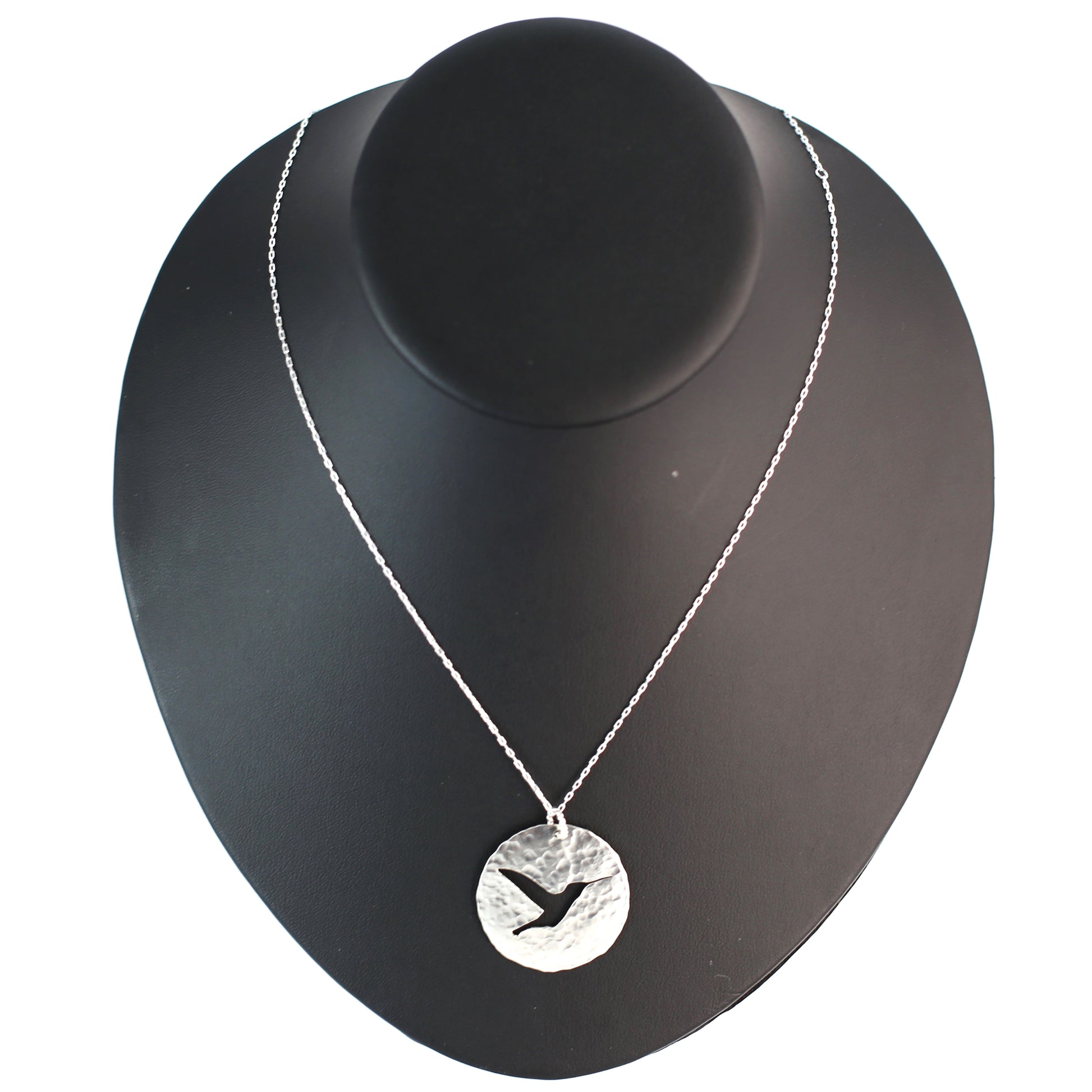 Hummingbird Hand Cut and Hammered Circle Pendant Necklace in Sterling Silver