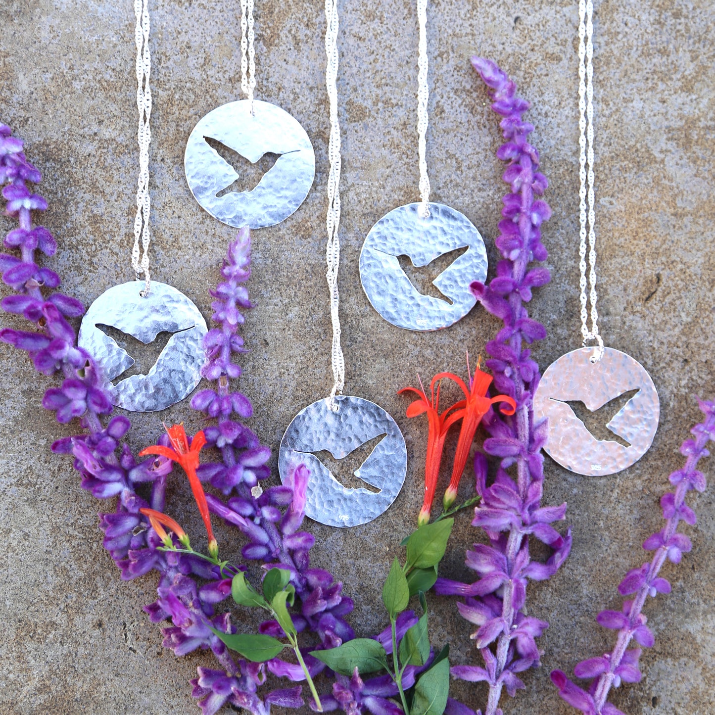 Hummingbird Silhouette Hand Pierced and Hammered Sterling Silver Circle Pendant Necklace