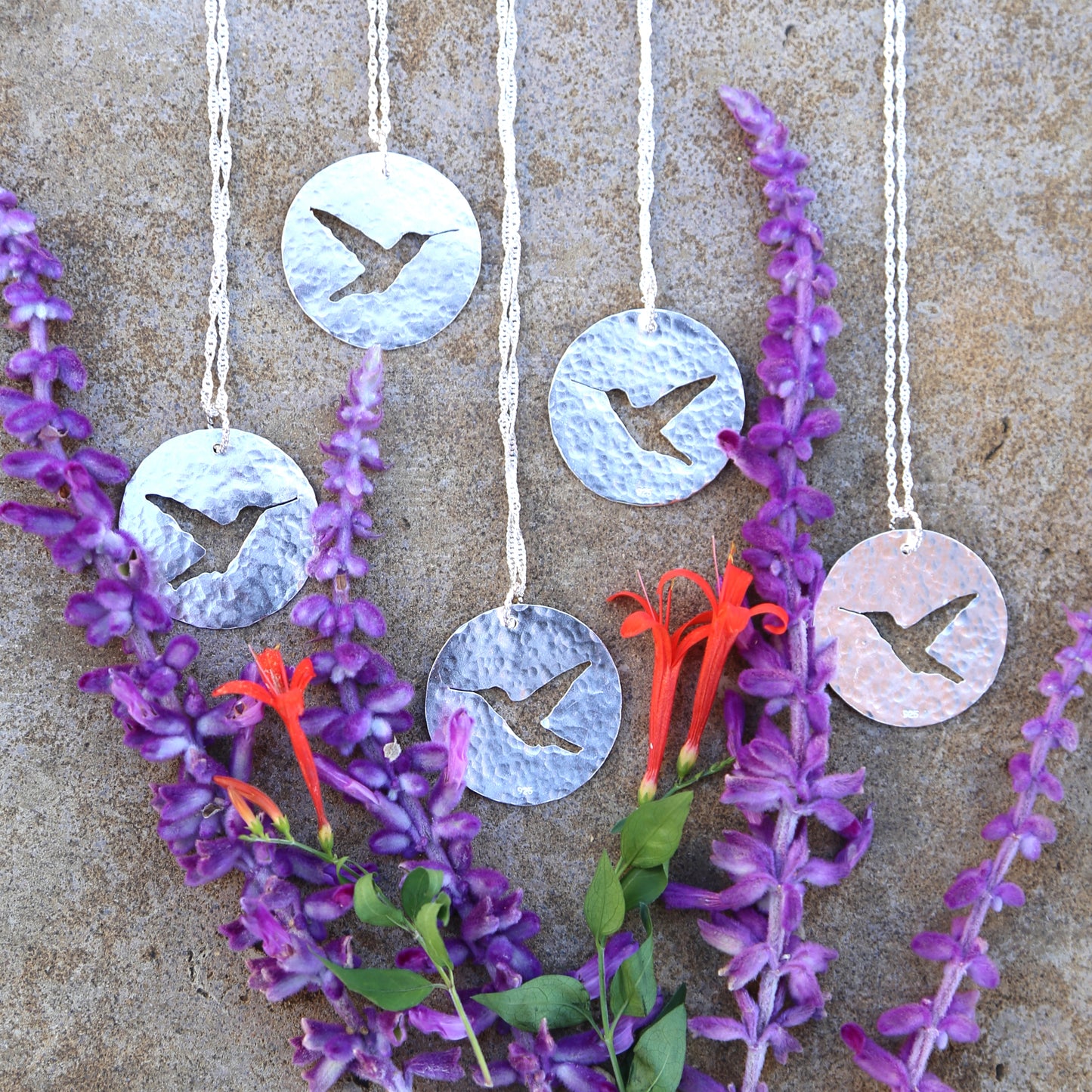 Hummingbird Hand Cut and Hammered Circle Pendant Necklace in Sterling Silver