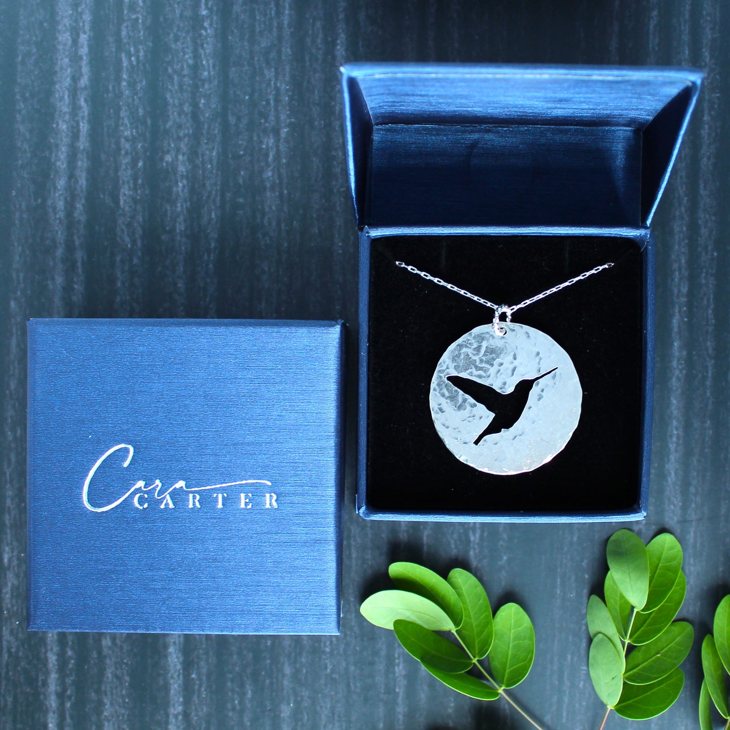 Hummingbird Silhouette Hand Pierced and Hammered Sterling Silver Circle Pendant Necklace in Navy Gift Box