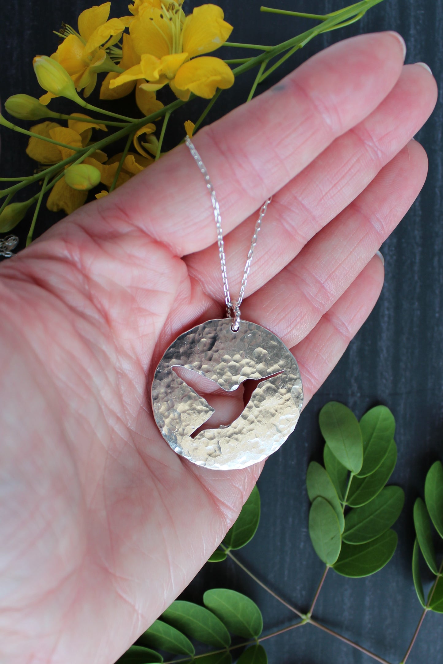 Hummingbird Silhouette Hand Pierced and Hammered Sterling Silver Circle Pendant Necklace