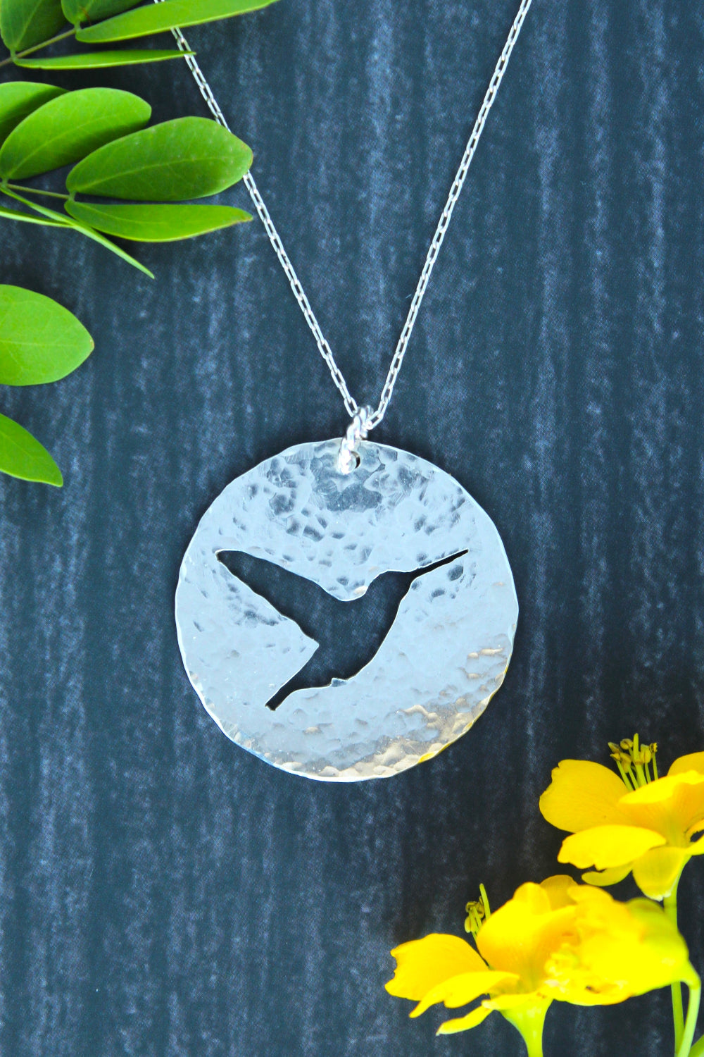 Hummingbird Silhouette Hand Pierced and Hammered Sterling Silver Circle Pendant Necklace for Nature and Bird Lovers