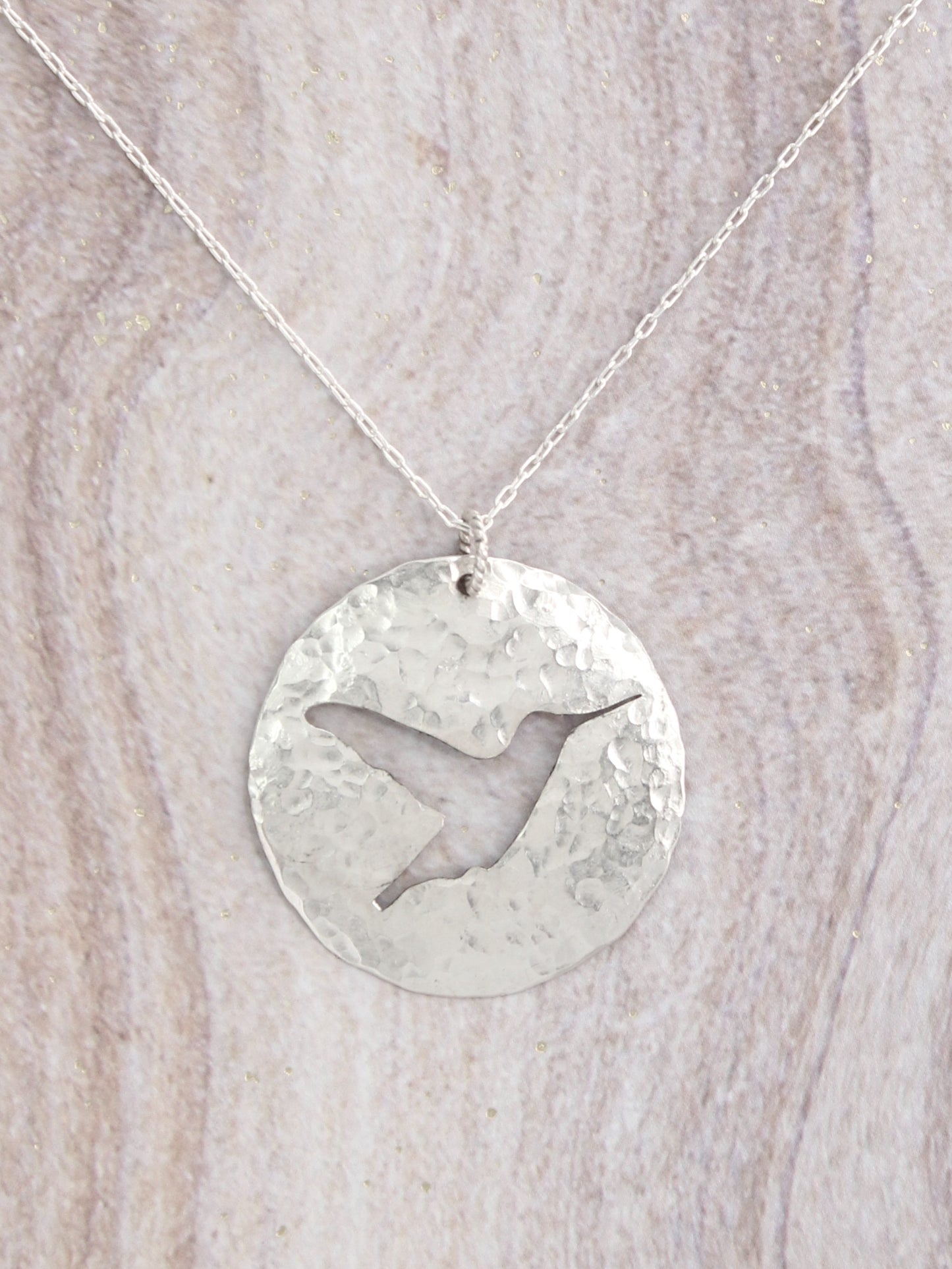 Hummingbird Silhouette Hand Pierced and Hammered Sterling Silver Circle Pendant Necklace