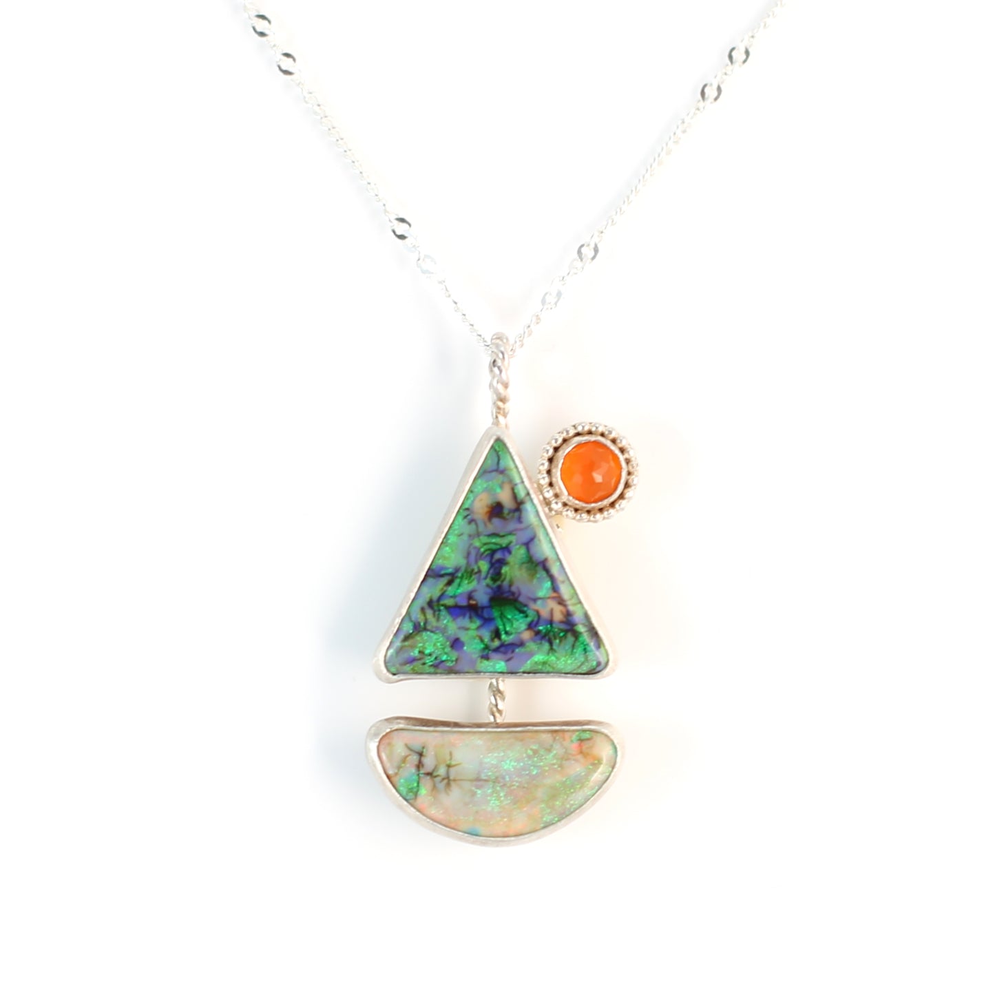 Handmade multicolored Monarch Opal and orange Carnelian Sterling Silver Sailboat with Sun Sterling Silver Pendant Necklace.